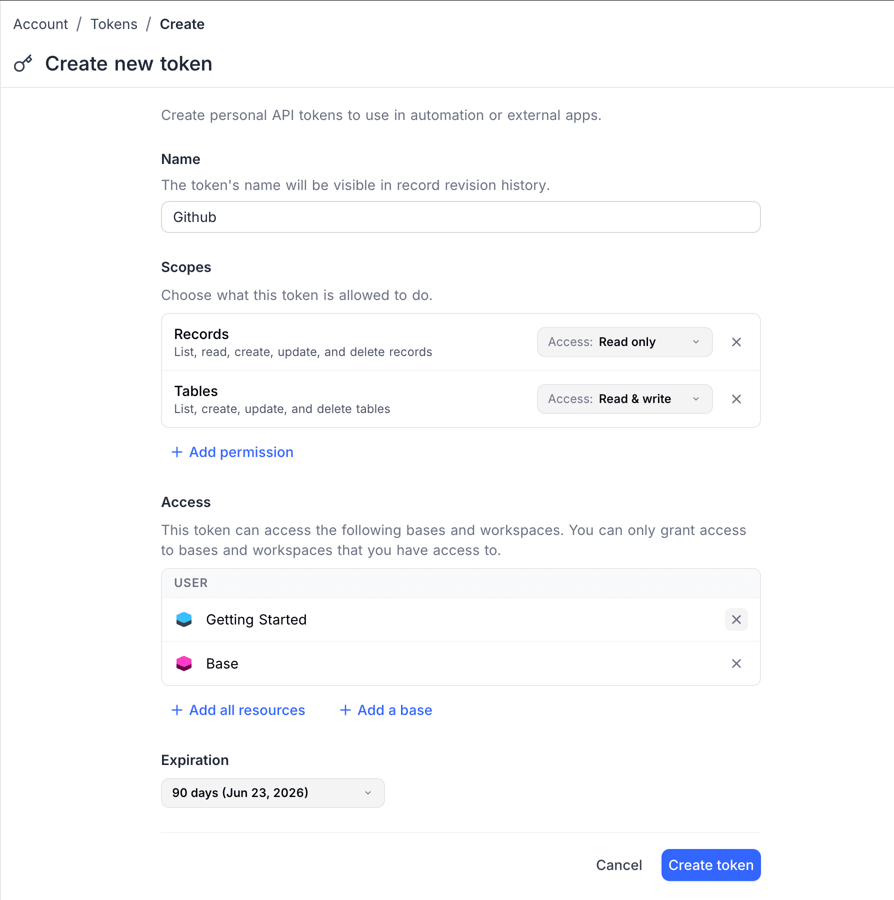 Filled create token form