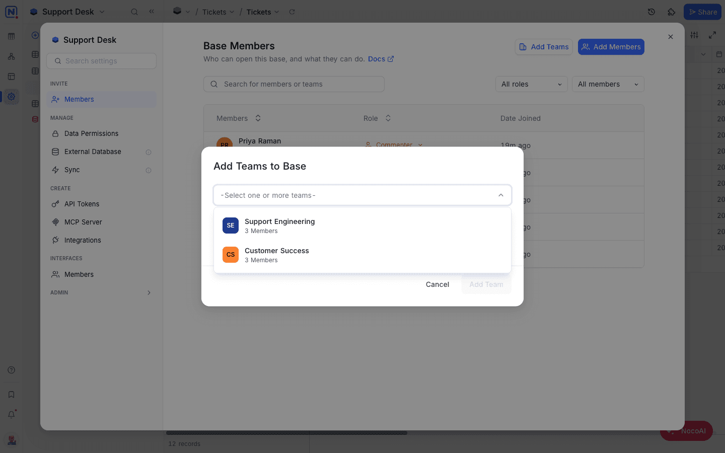 Picking a team in the Add Teams to Base dialog