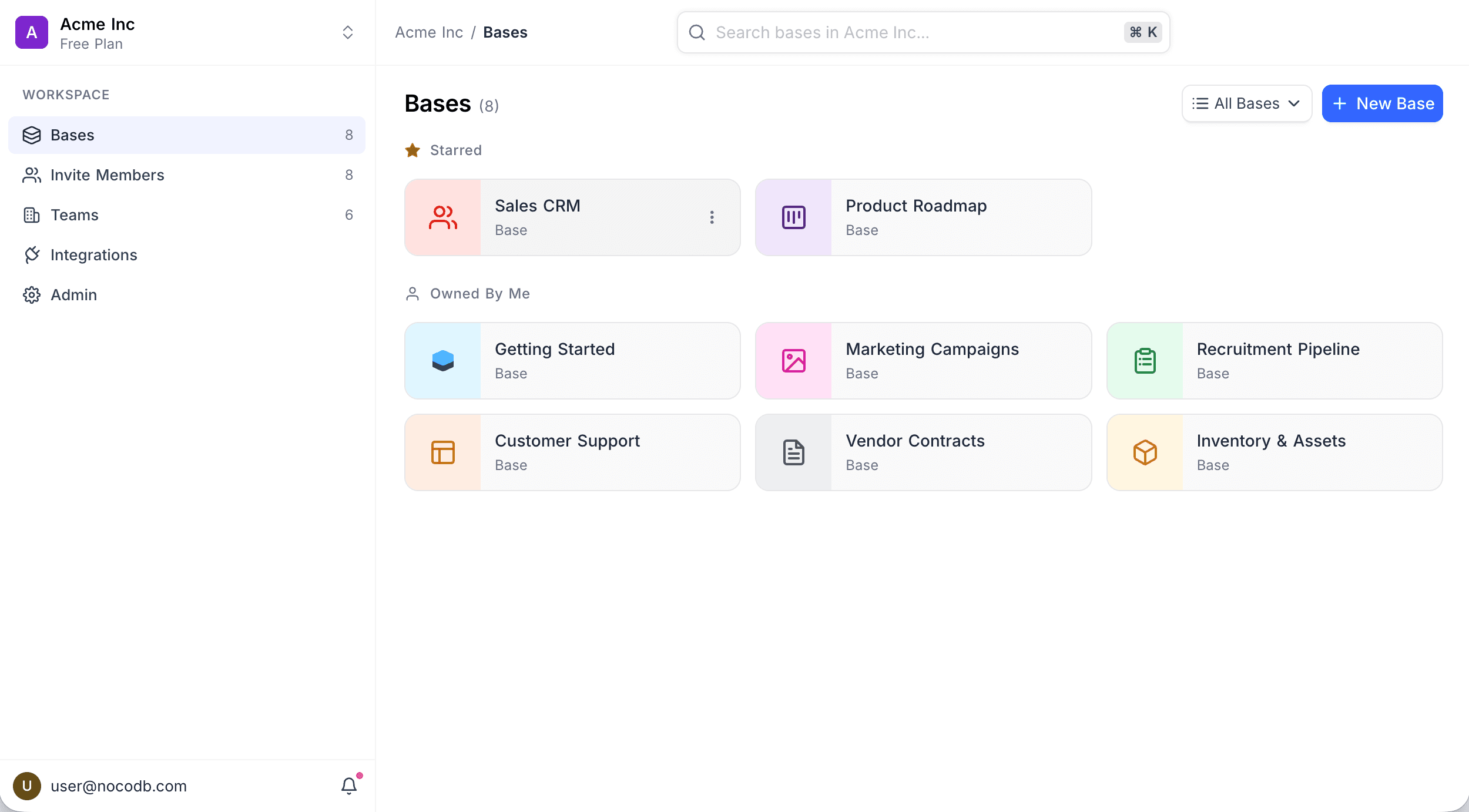 Starred bases on the workspace Bases page