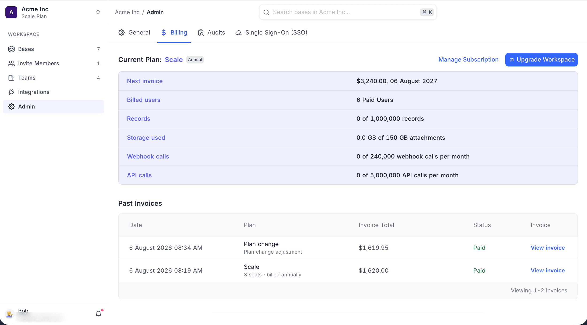 Billing dashboard