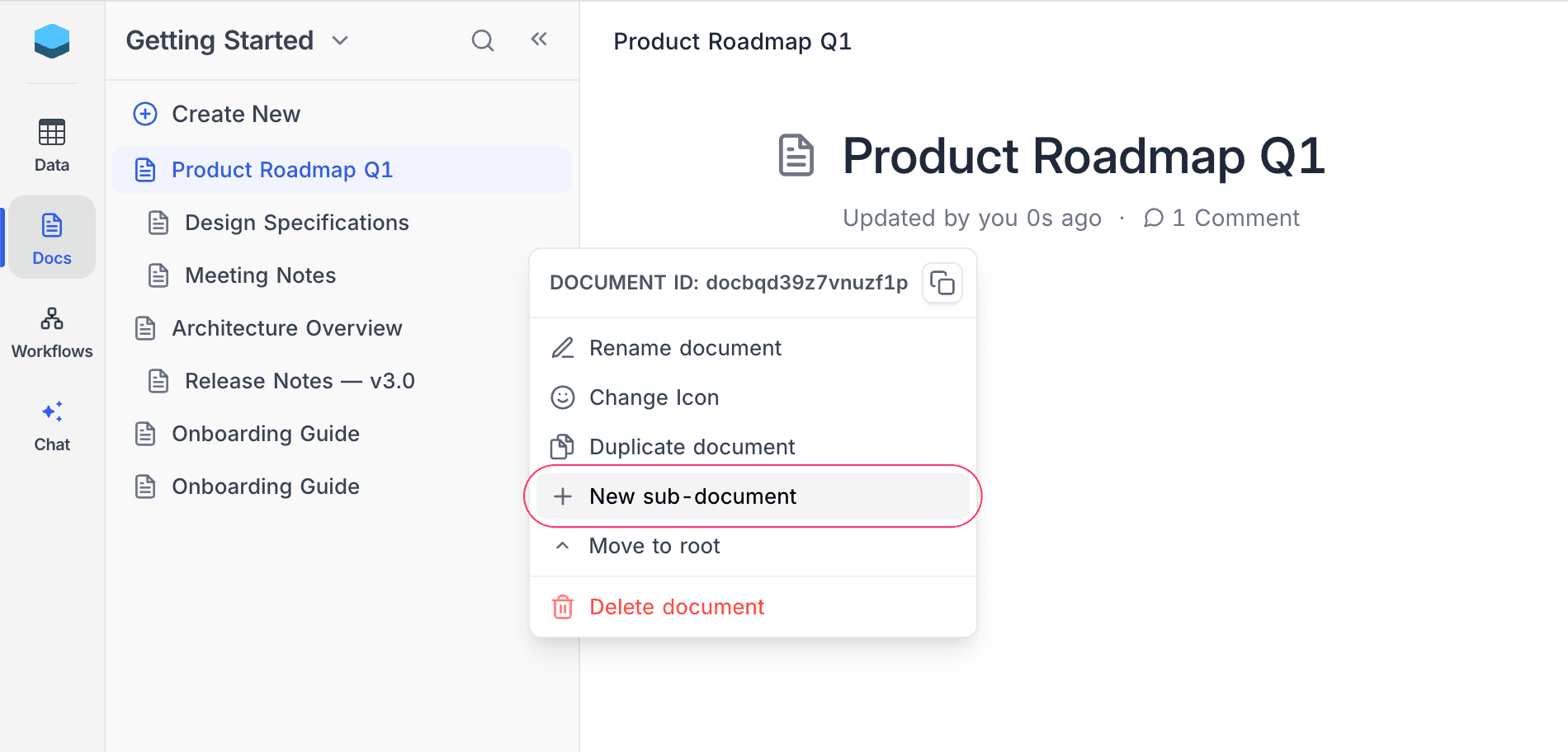 Create a nested document via sidebar hover