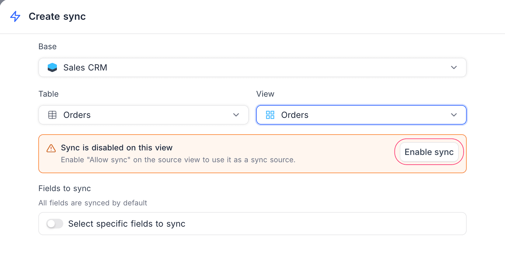 Enable sync inline from the create dialog