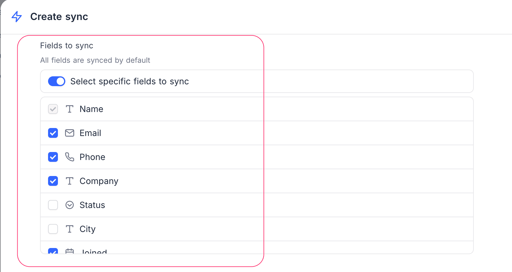 Select specific fields to sync