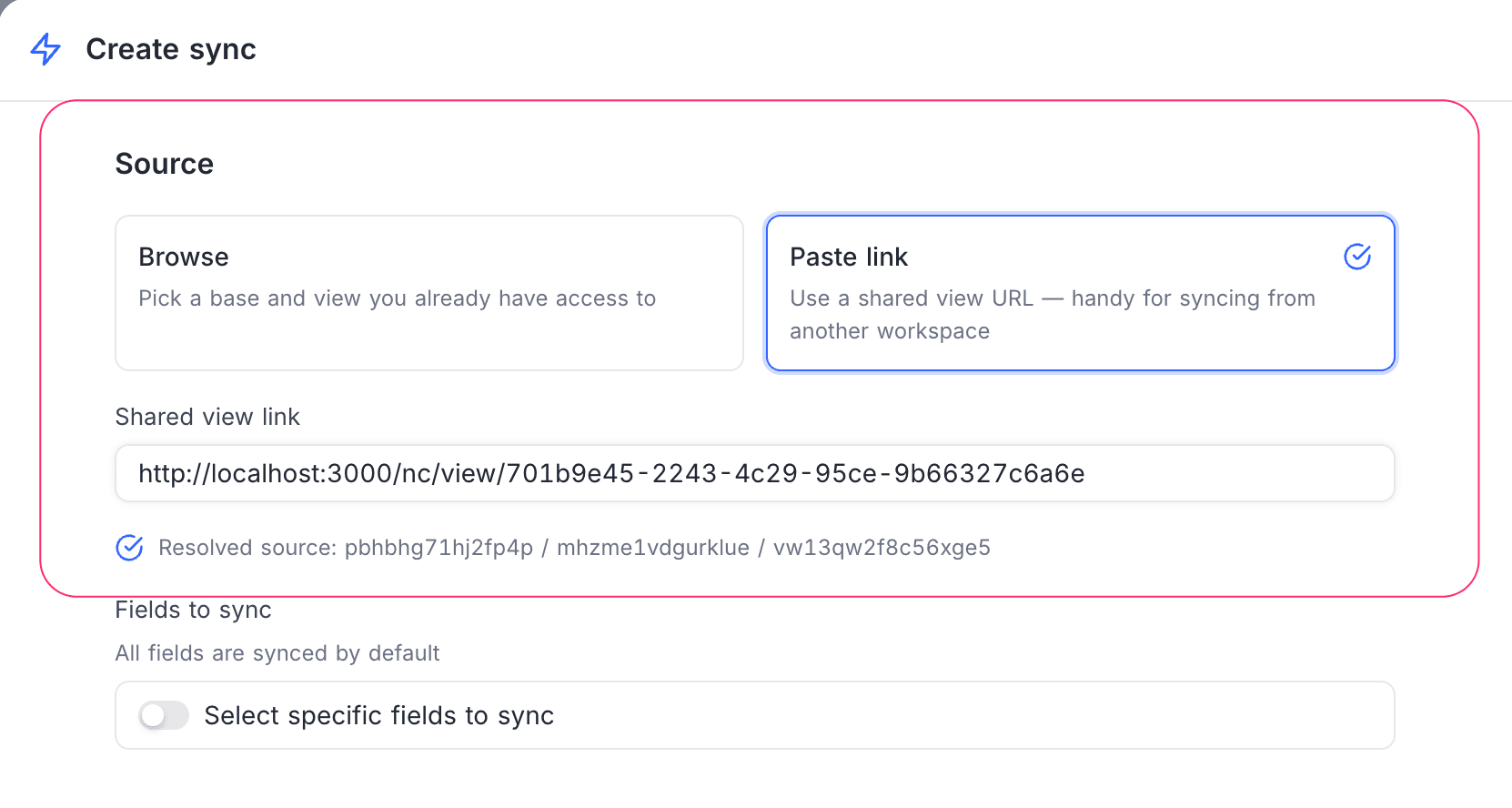 Create sync — Paste link mode