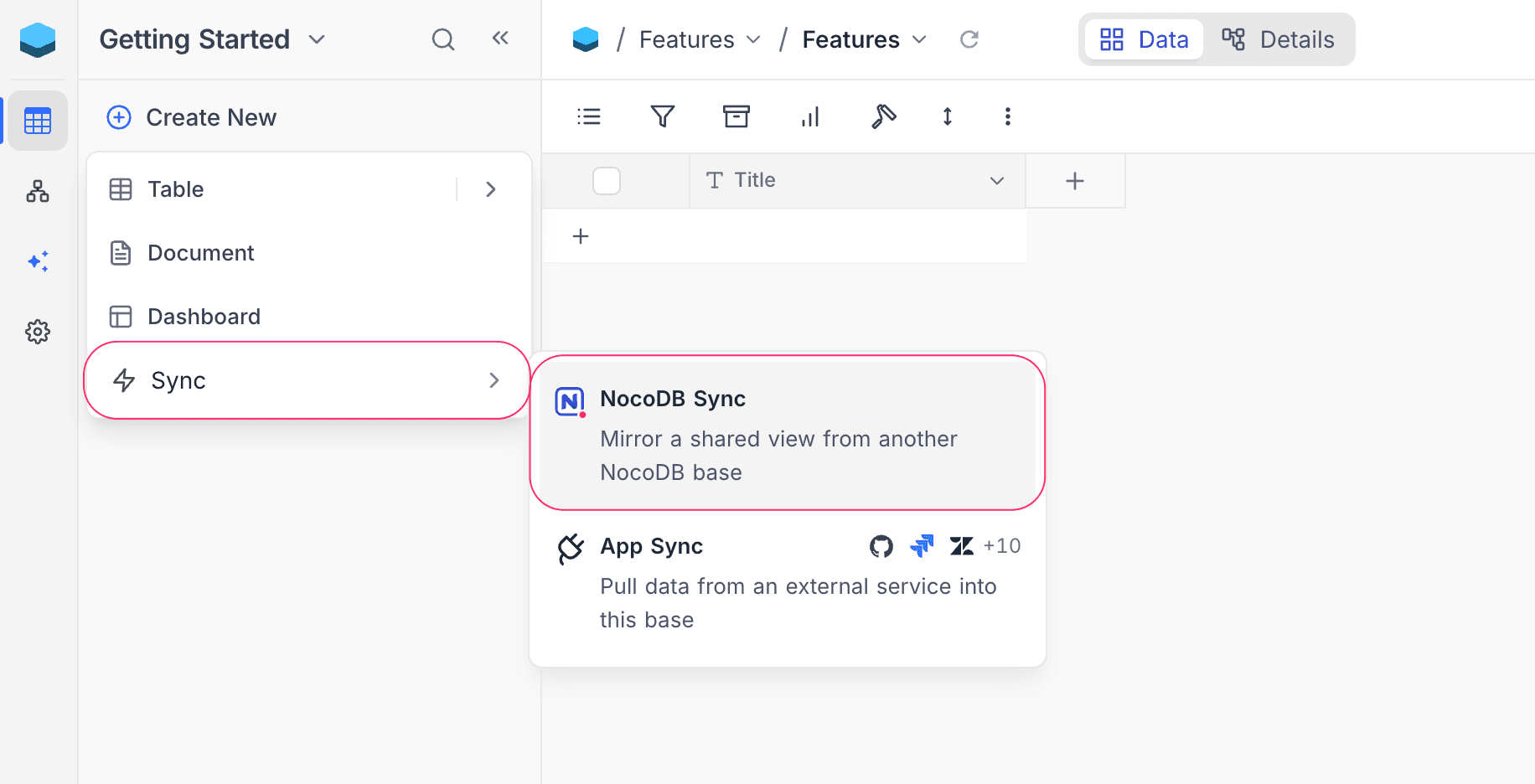 Create sync entry point from the sidebar