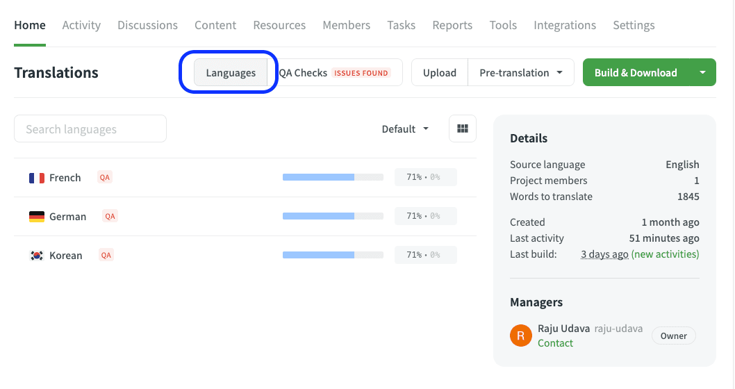 Crowdin Language Settings