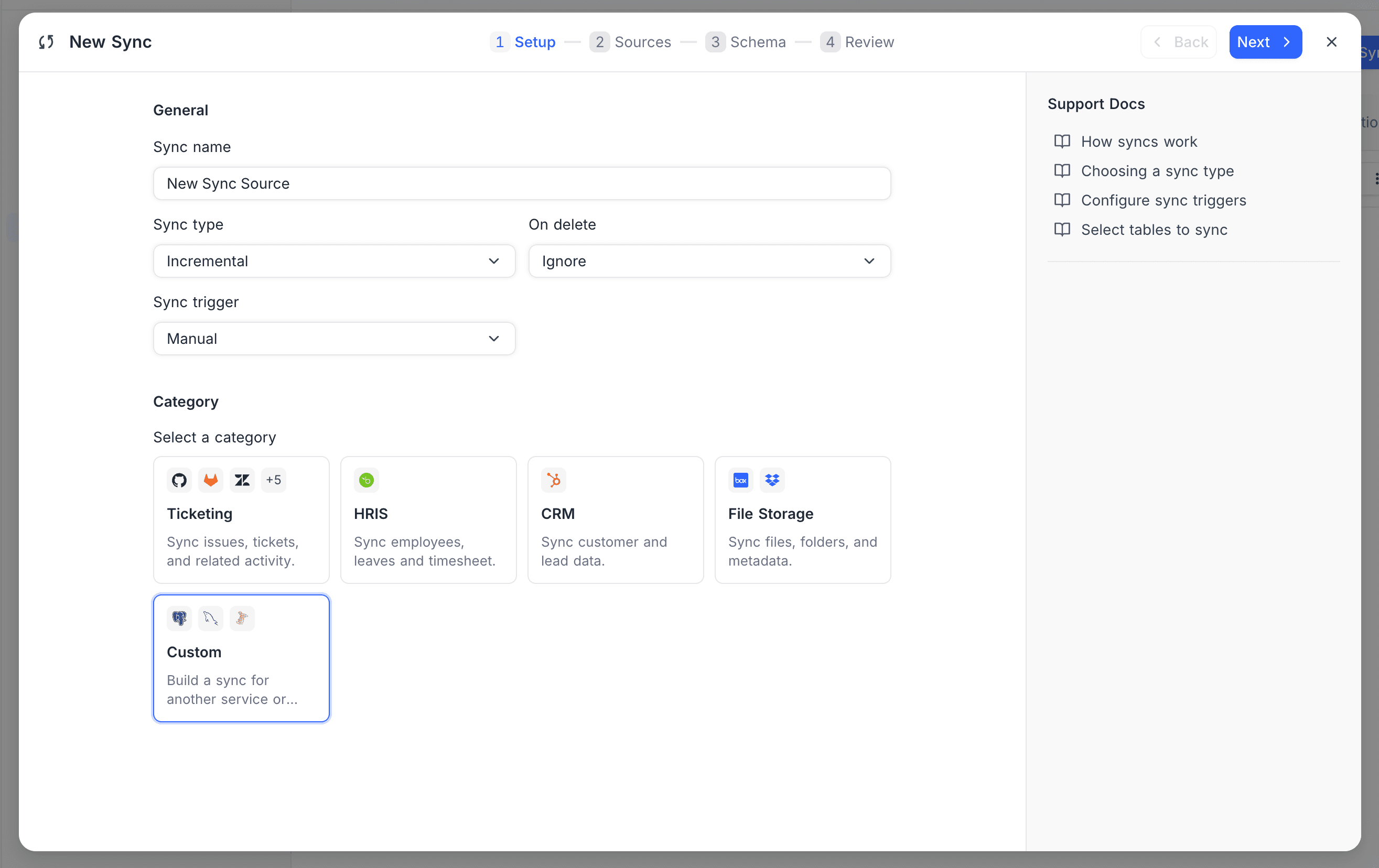 New Sync setup step with the Custom category selected