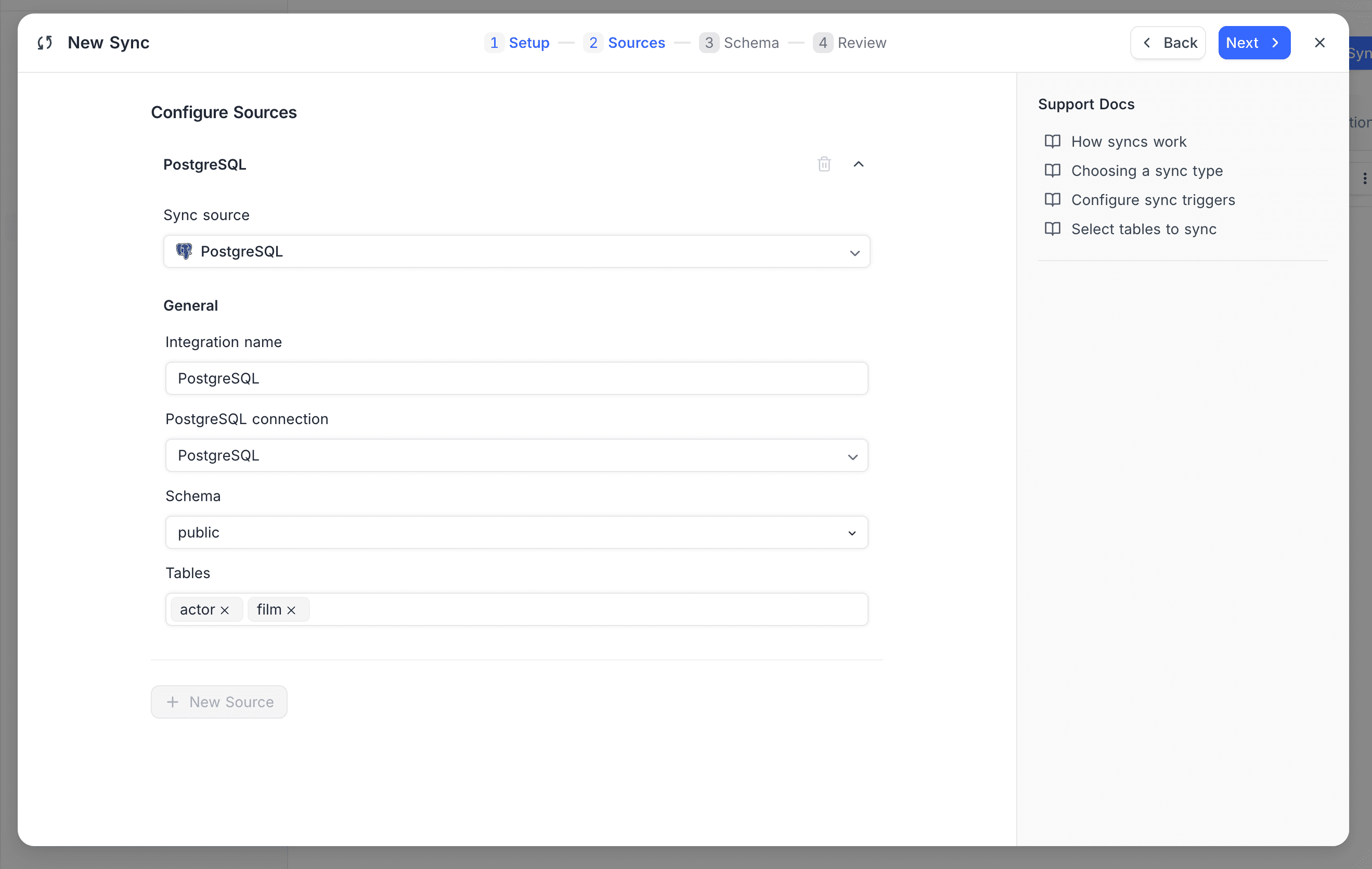 Custom Sync source configuration with schema and table selection