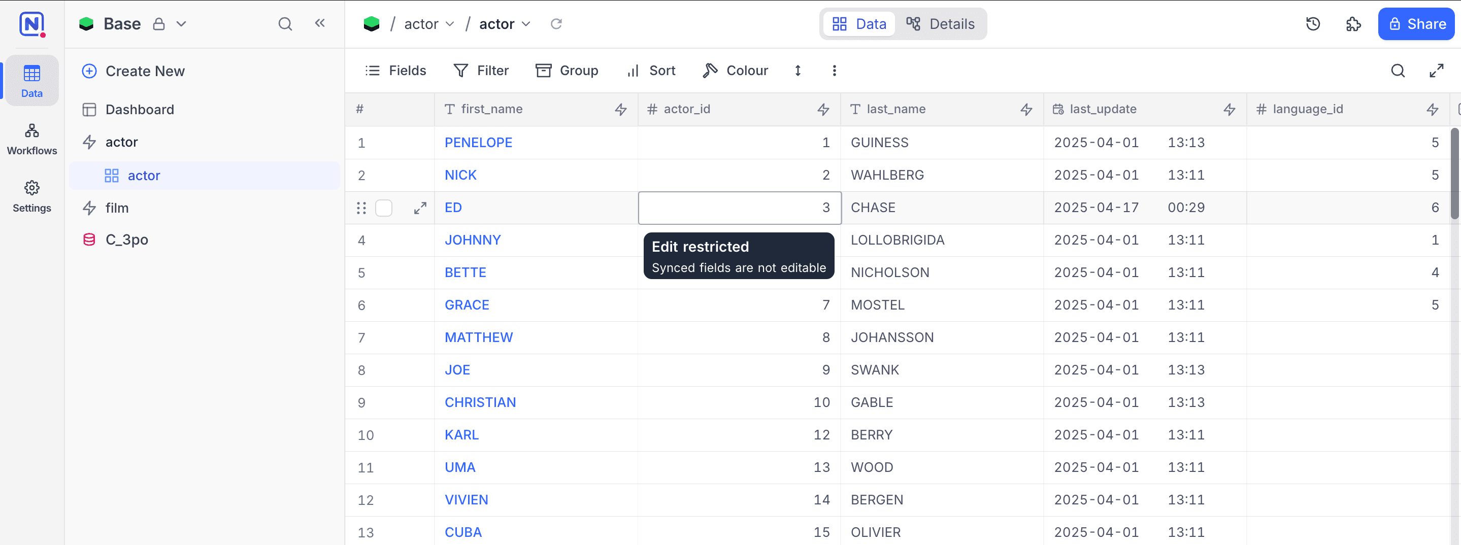 Synced table with read-only synced fields