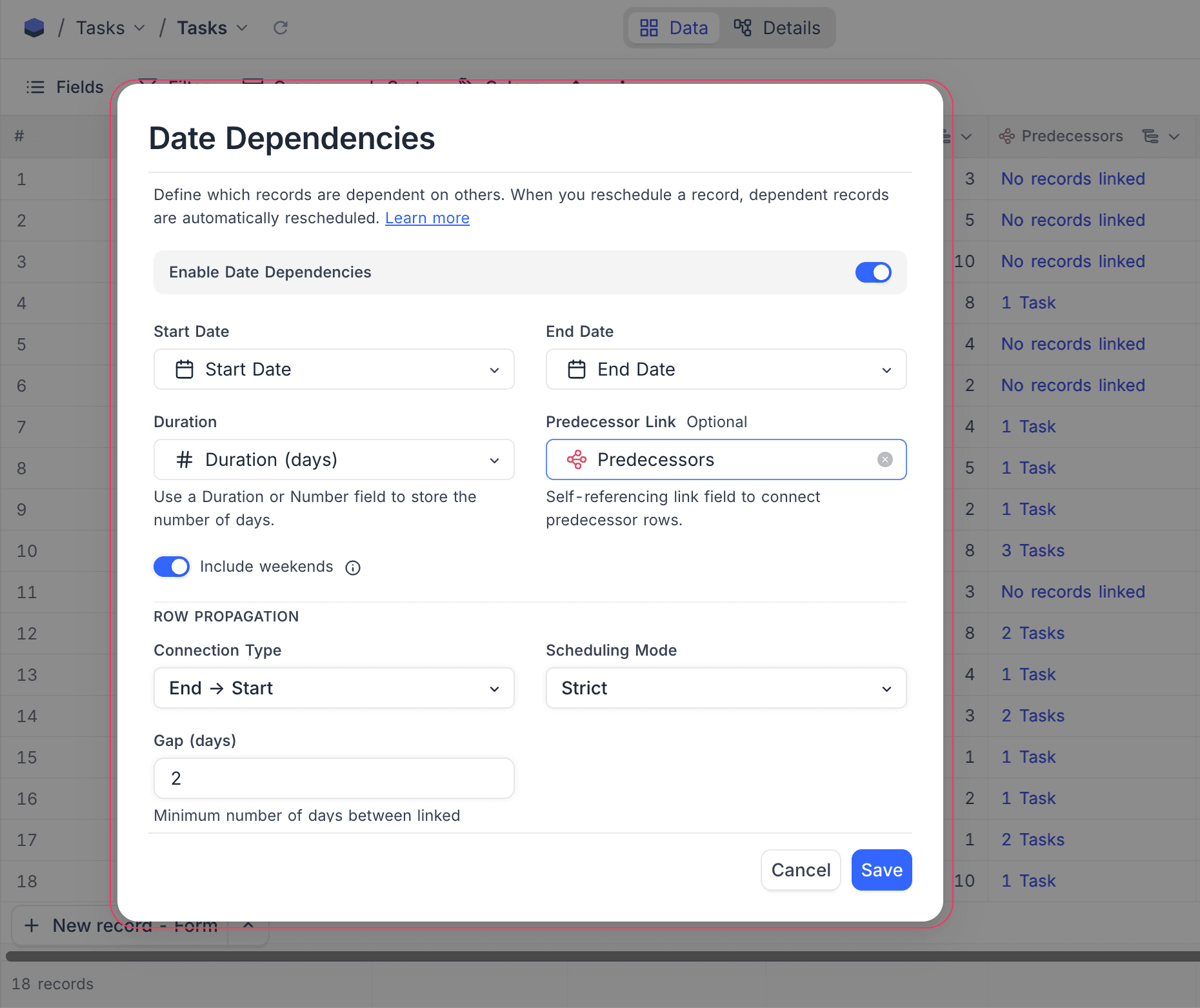 Date Dependencies dialog fully configured