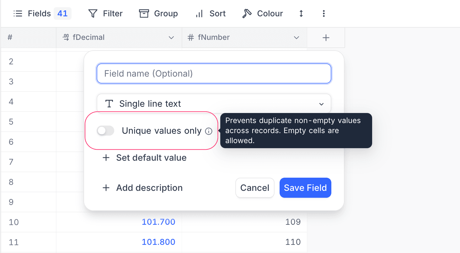 Unique field setting