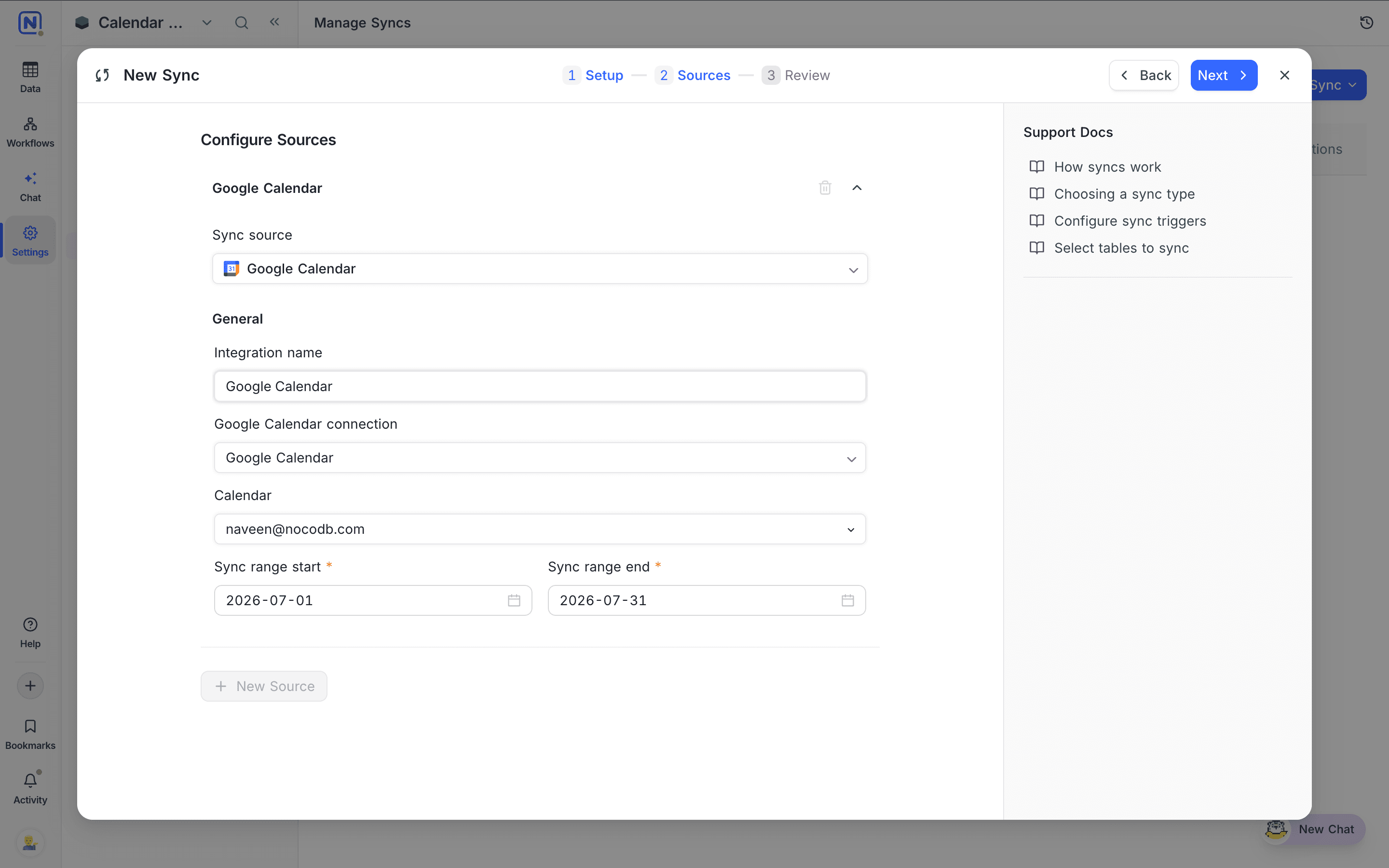 Google Calendar sync source configuration