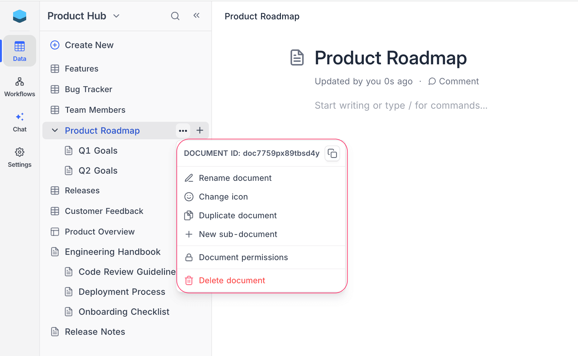 Document context menu with rename, duplicate, delete options