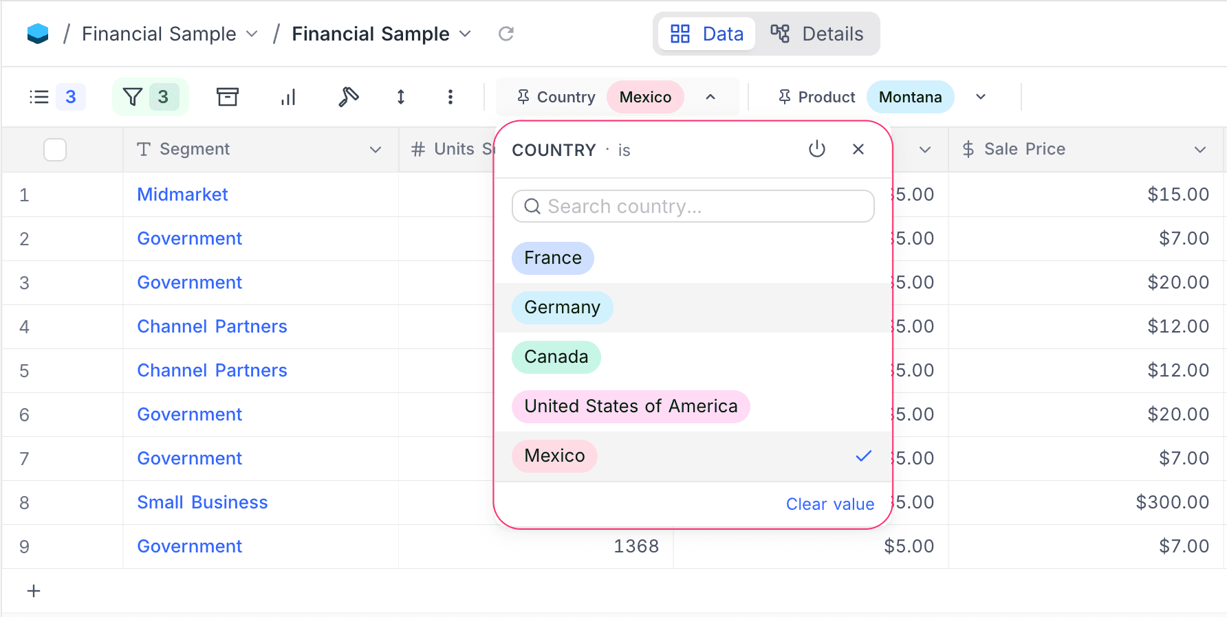 Pinned Filter Actions