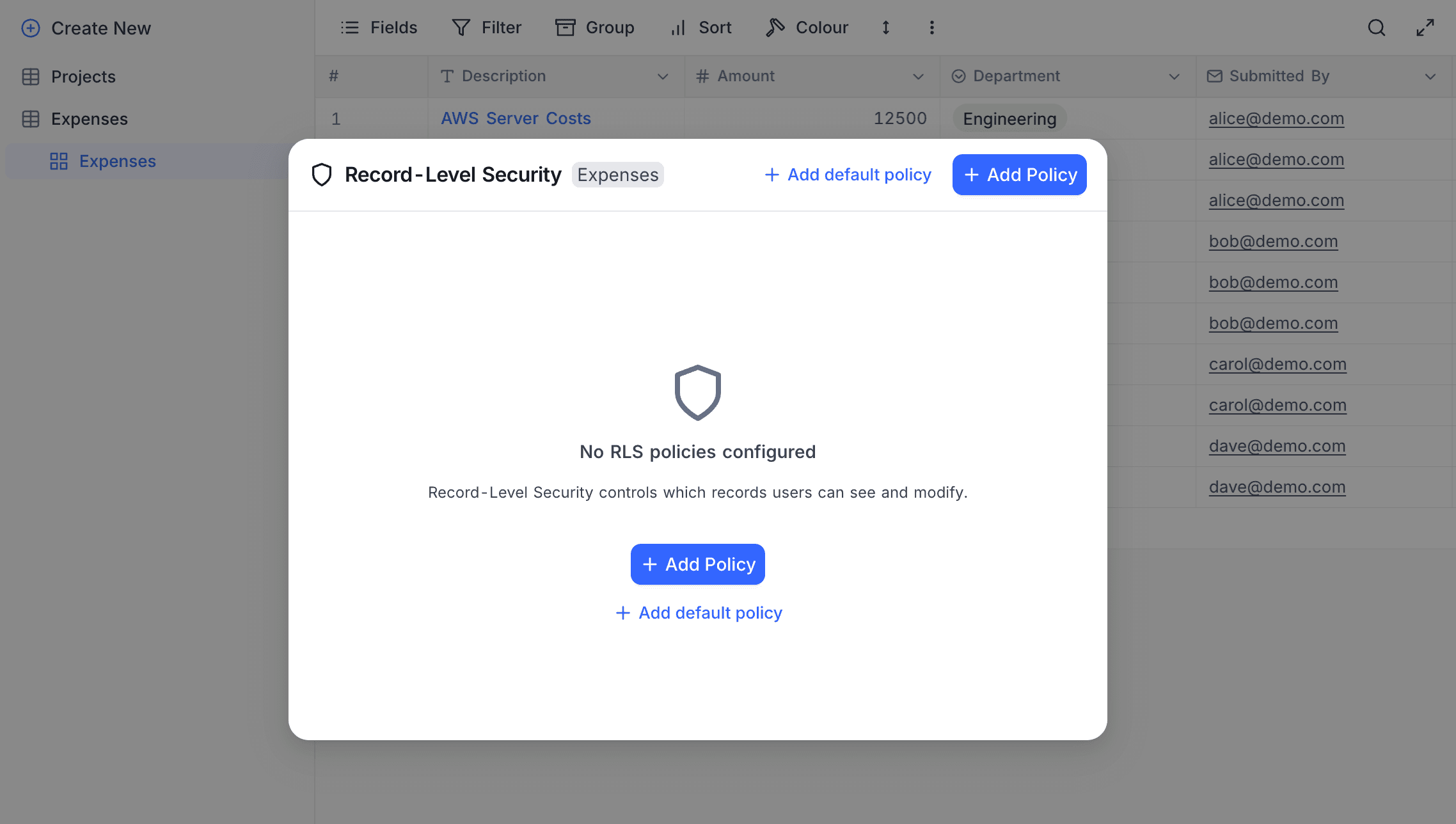 RLS management panel — empty state