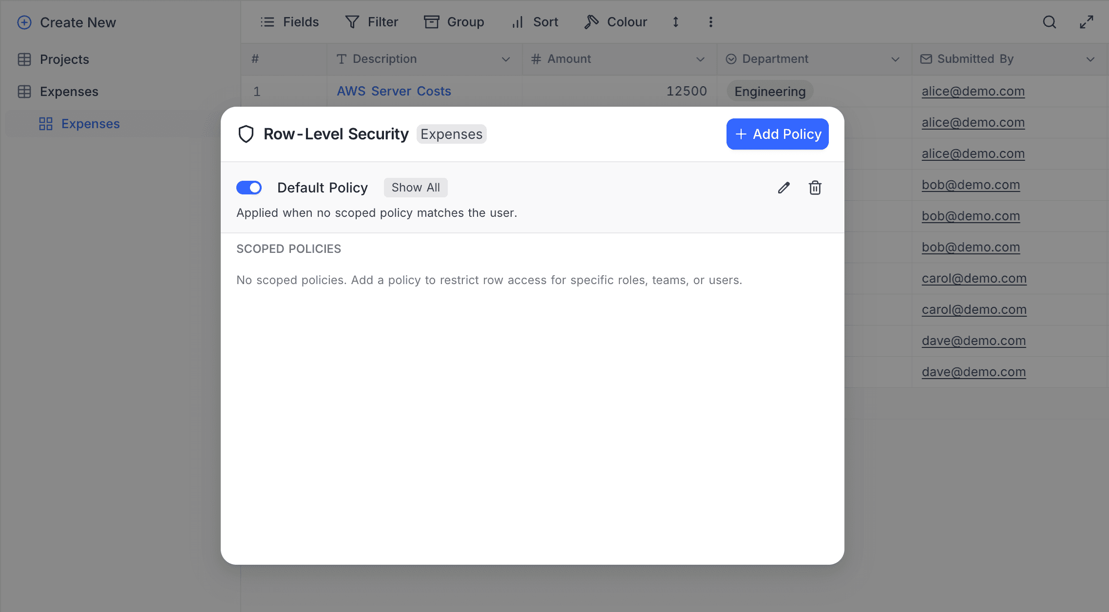 Policy list with default and scoped policies — toggle, edit, and delete controls