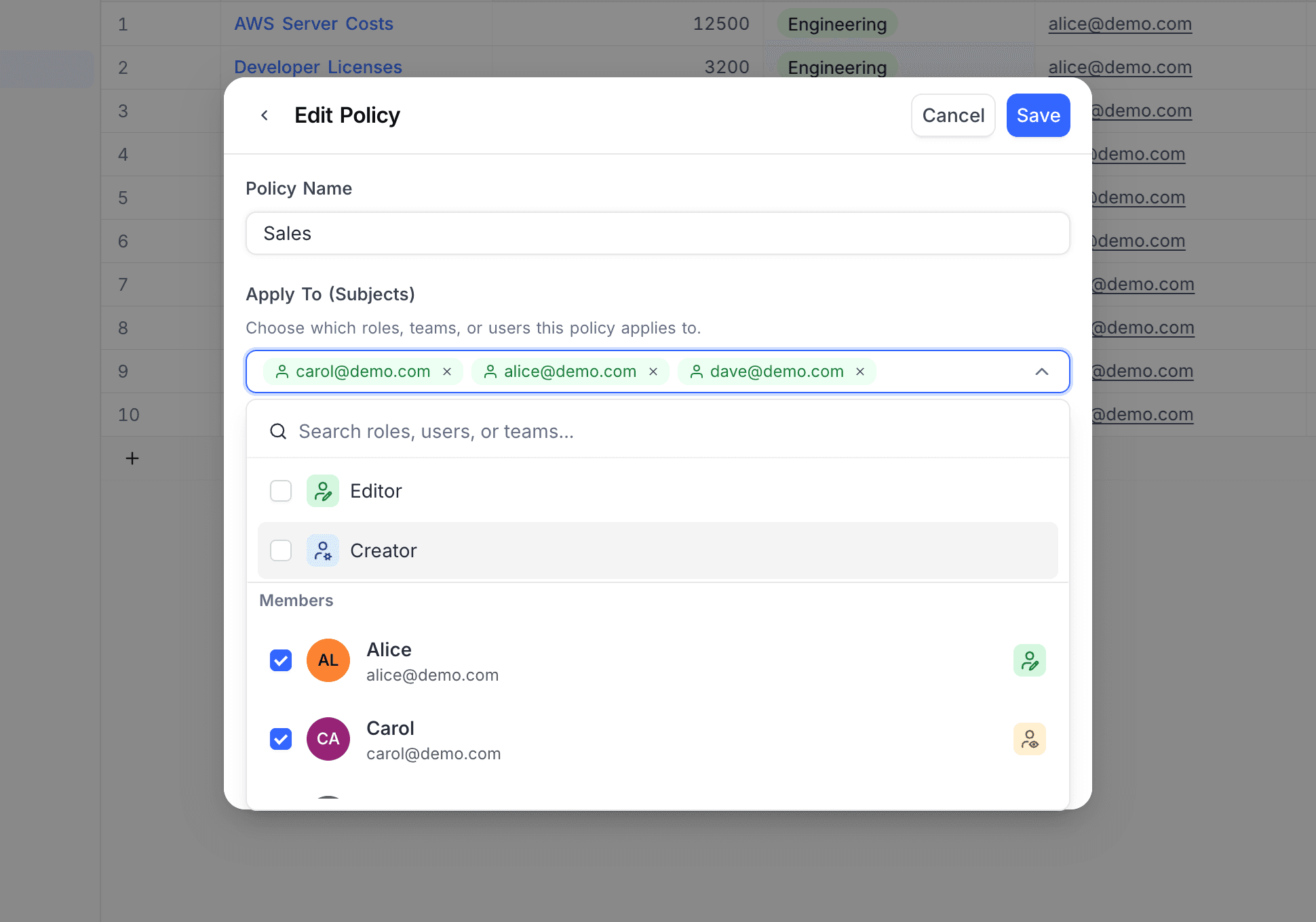 Selecting subjects — roles, members, and teams