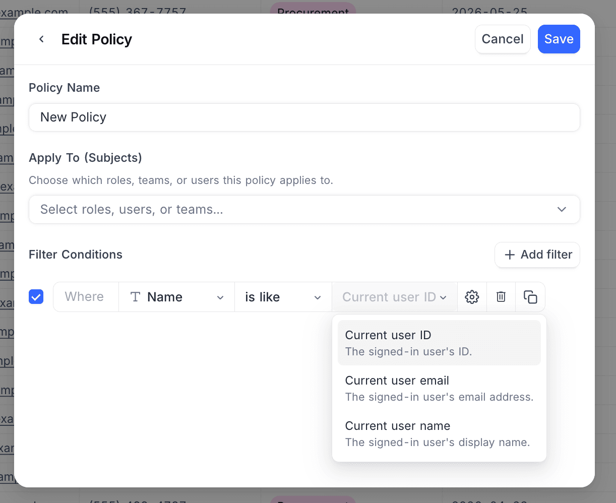 Choosing a dynamic value in a policy's filter condition