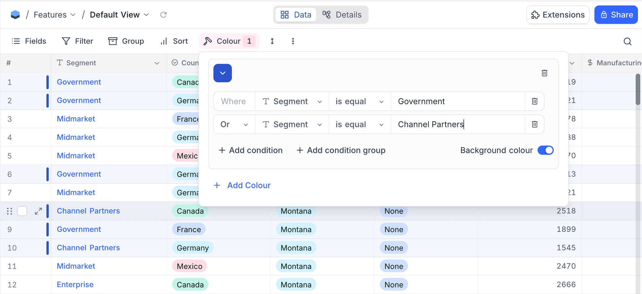 Row colouring with conditions