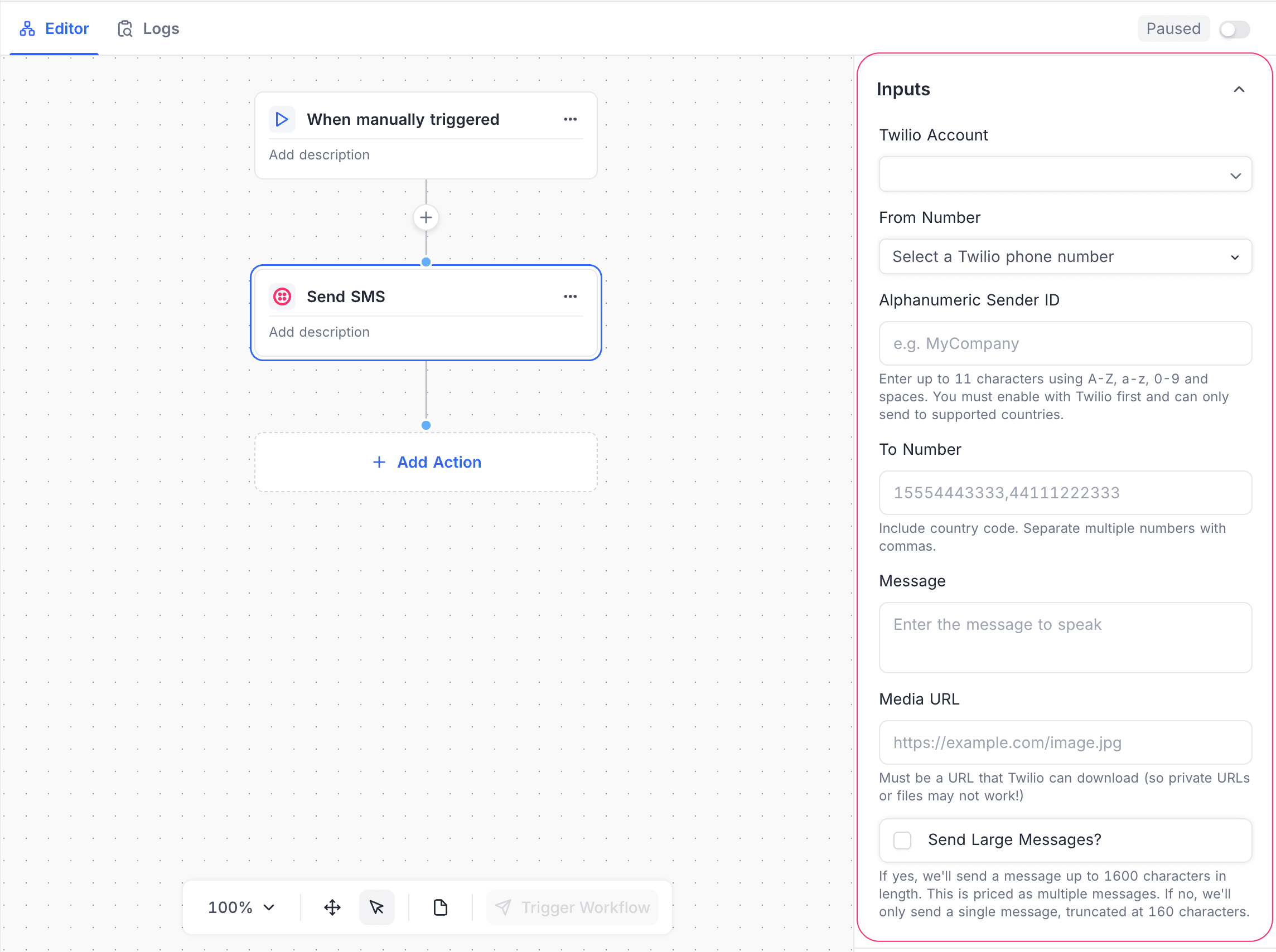 Twilio Send SMS Action