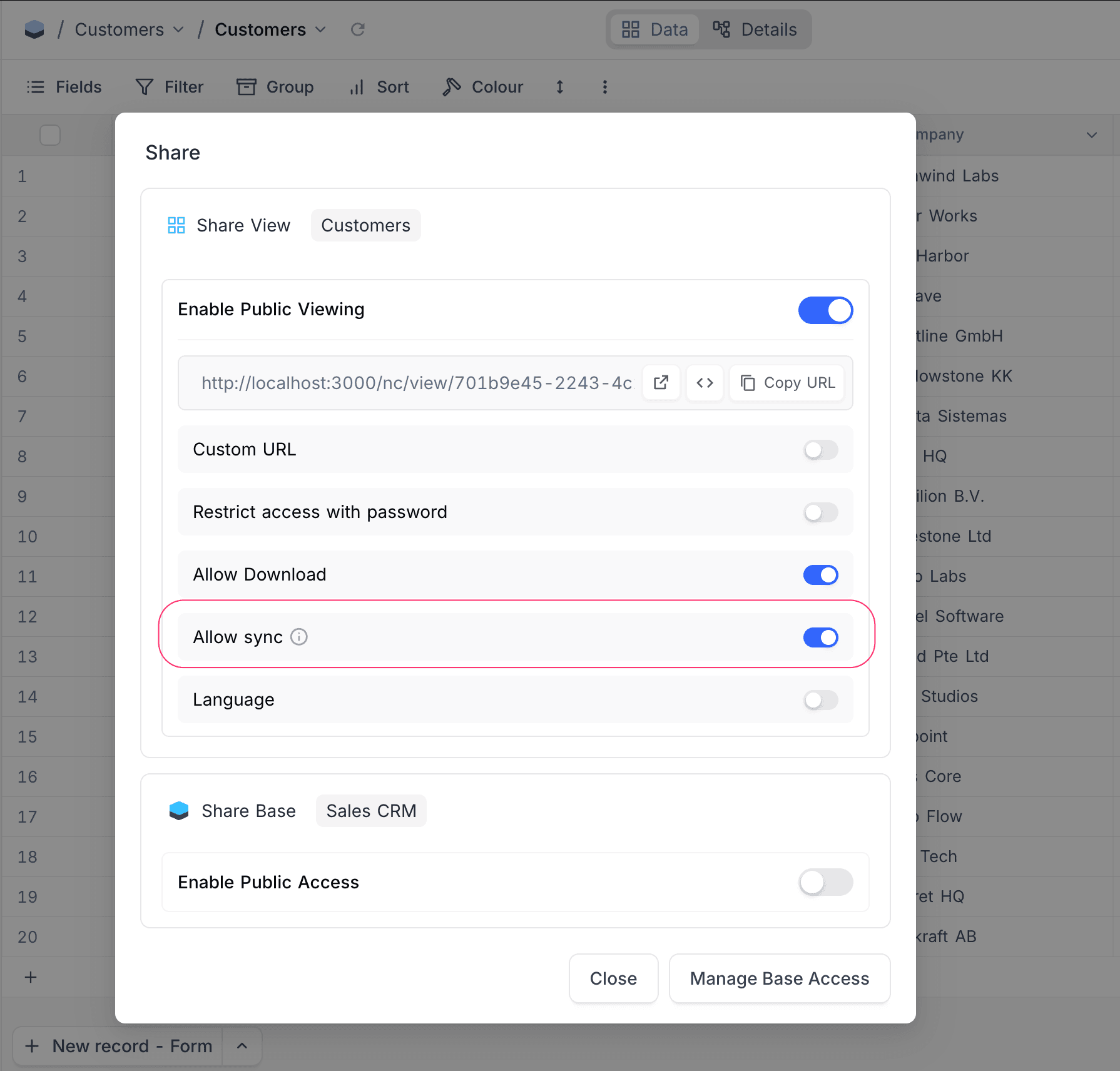 Allow sync toggle in share dialog