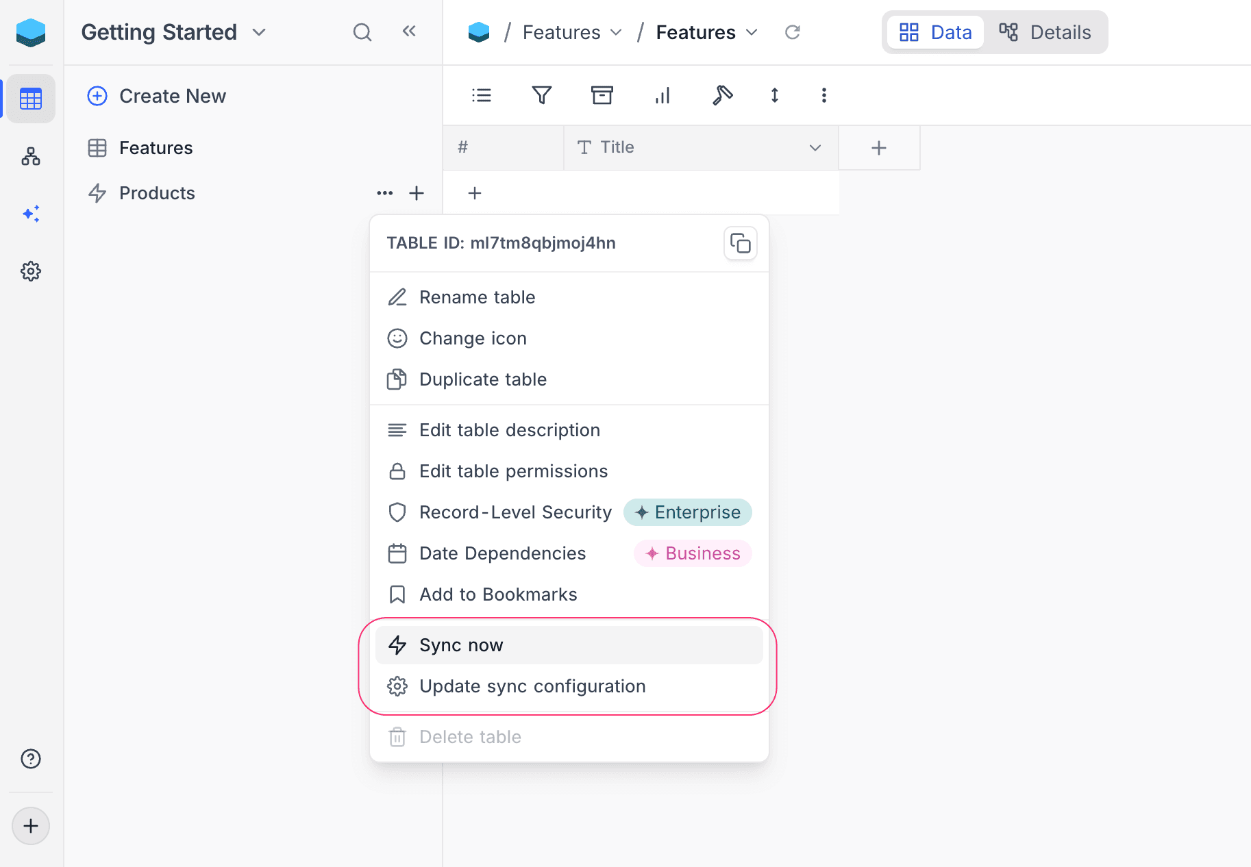 Sidebar sync actions on a mirrored table