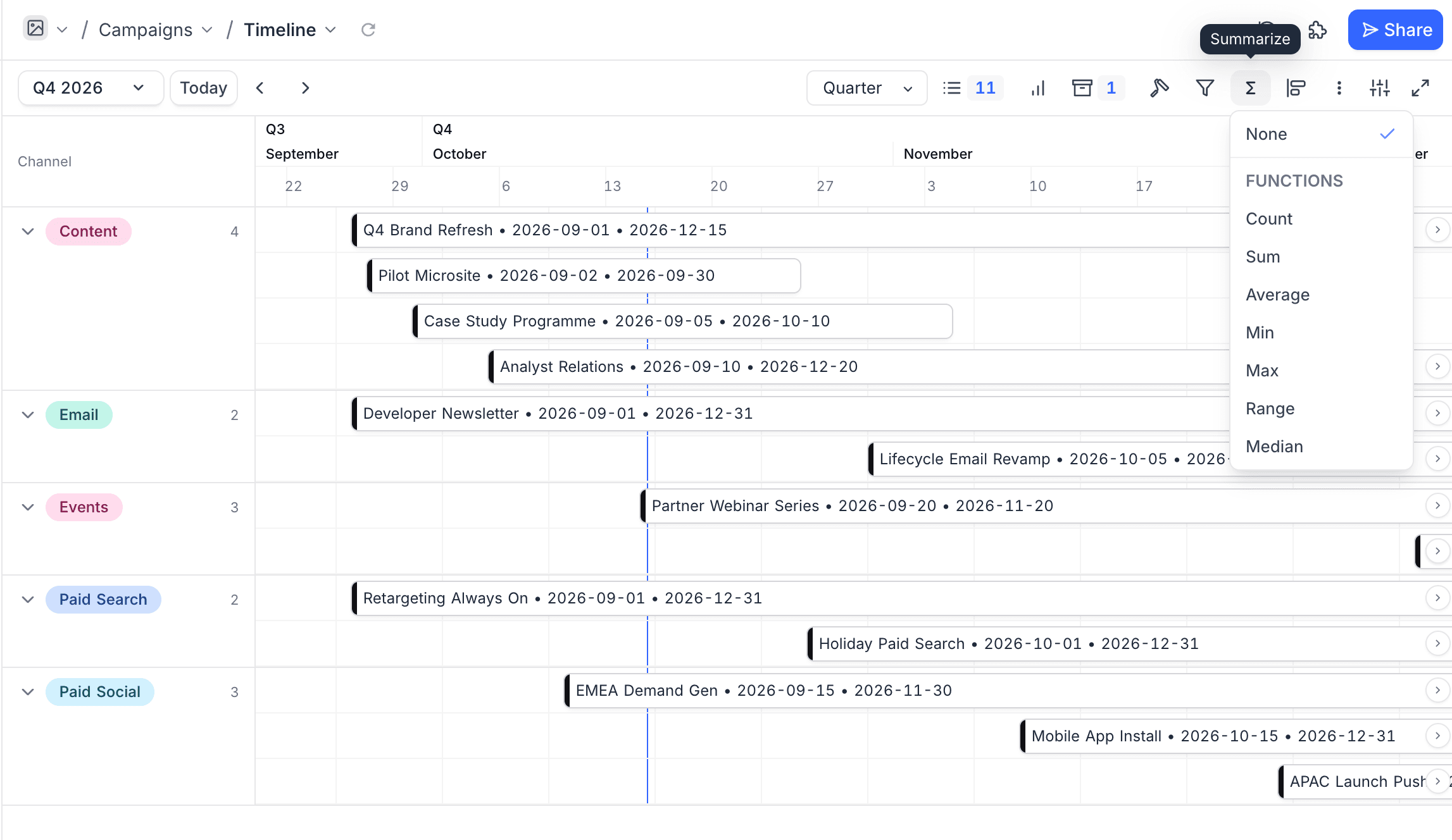 Summarize function list in the Timeline toolbar