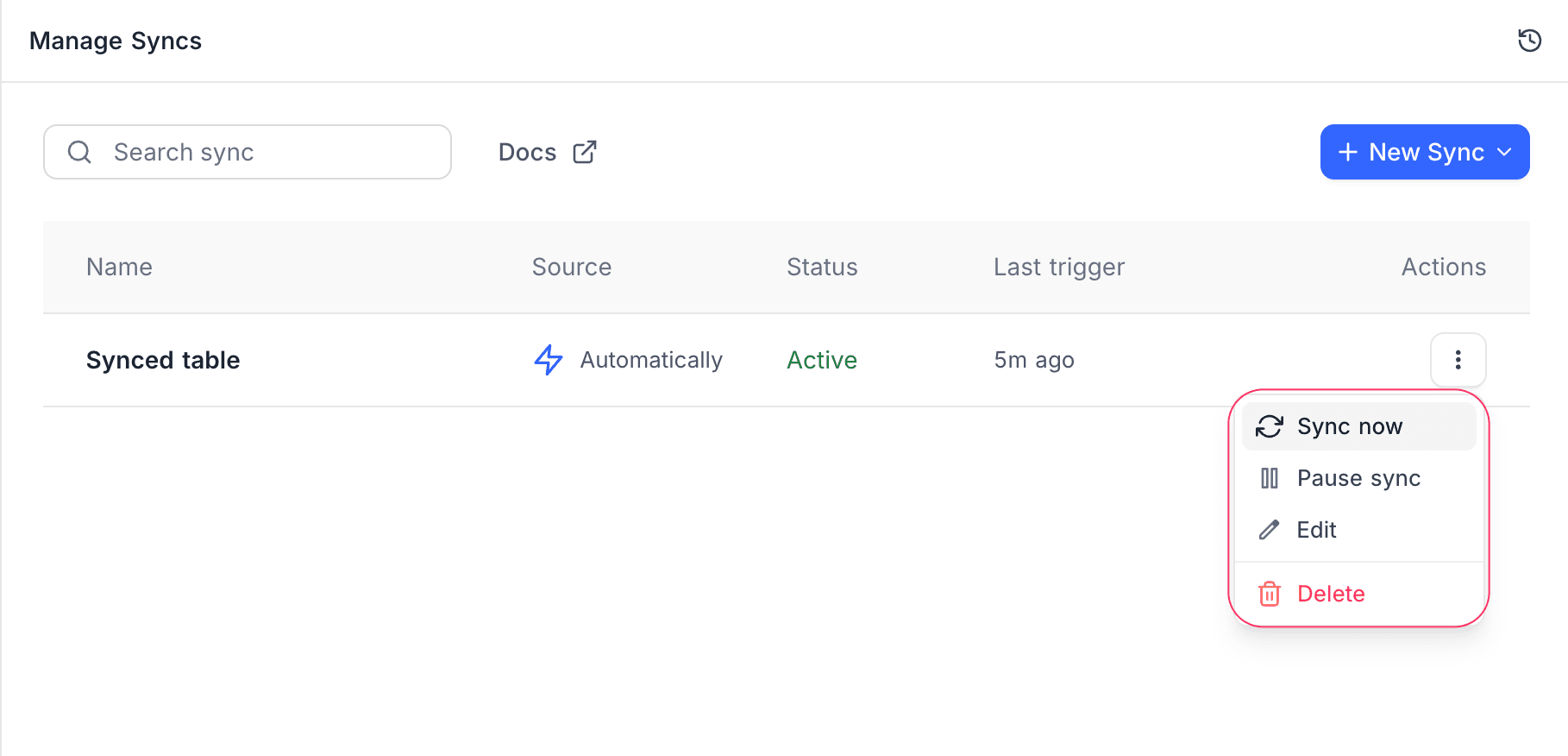 Sync row actions menu