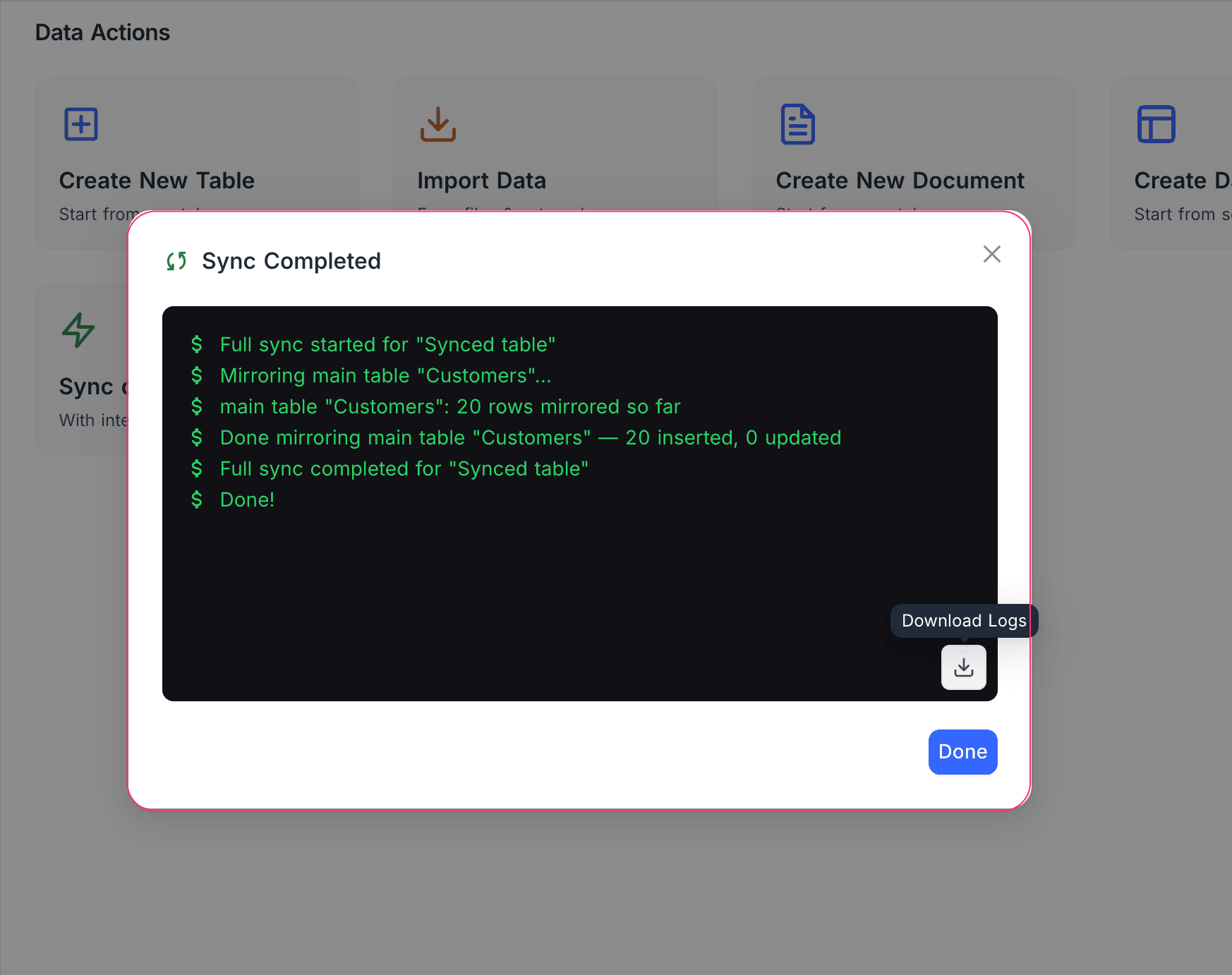 Sync completion panel