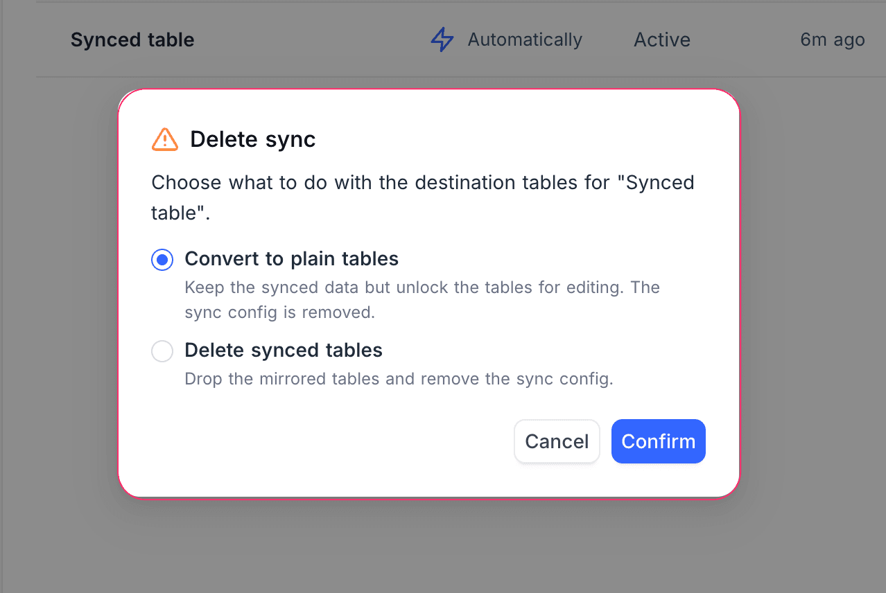 Delete sync dialog