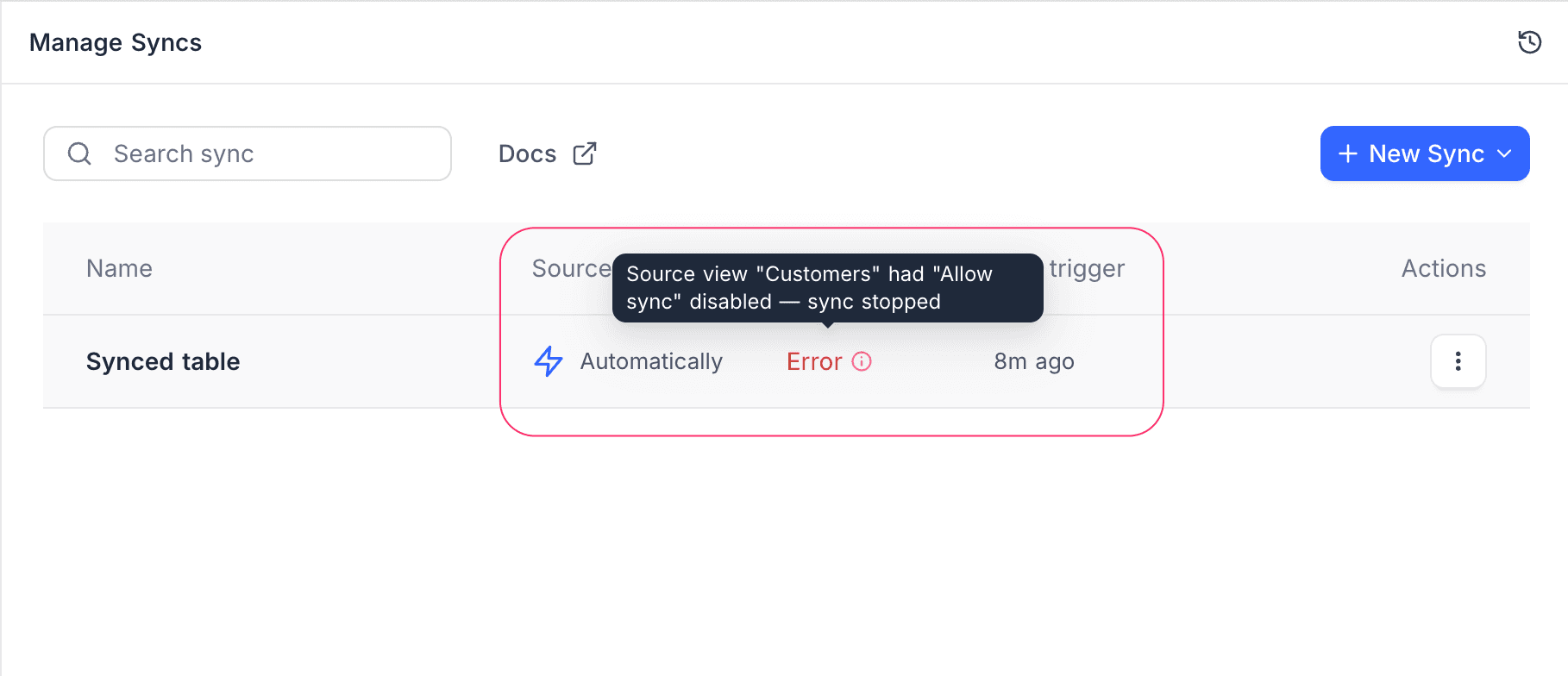 Error status with hover tooltip