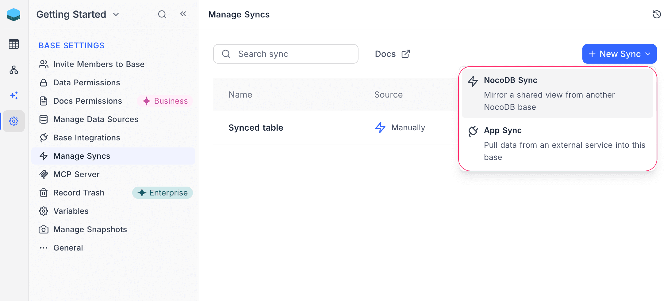 Create sync entry point from Manage Syncs