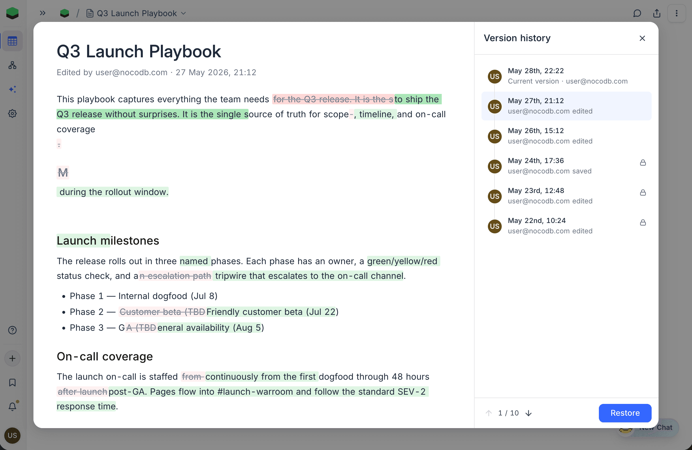 Version history diff with green insertions, red deletions, and the change-step counter