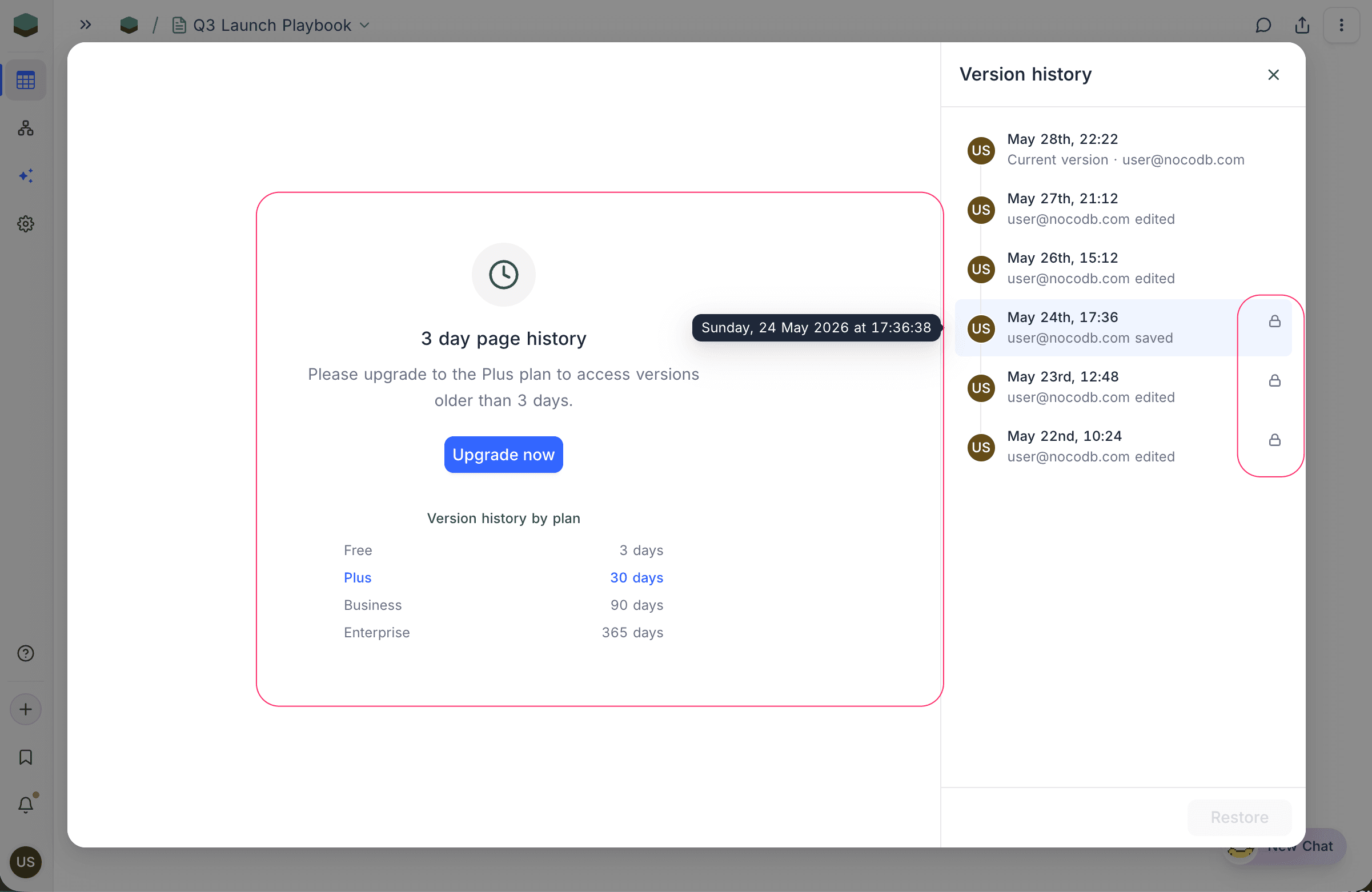 Locked version with the Upgrade now panel and the per-plan retention list