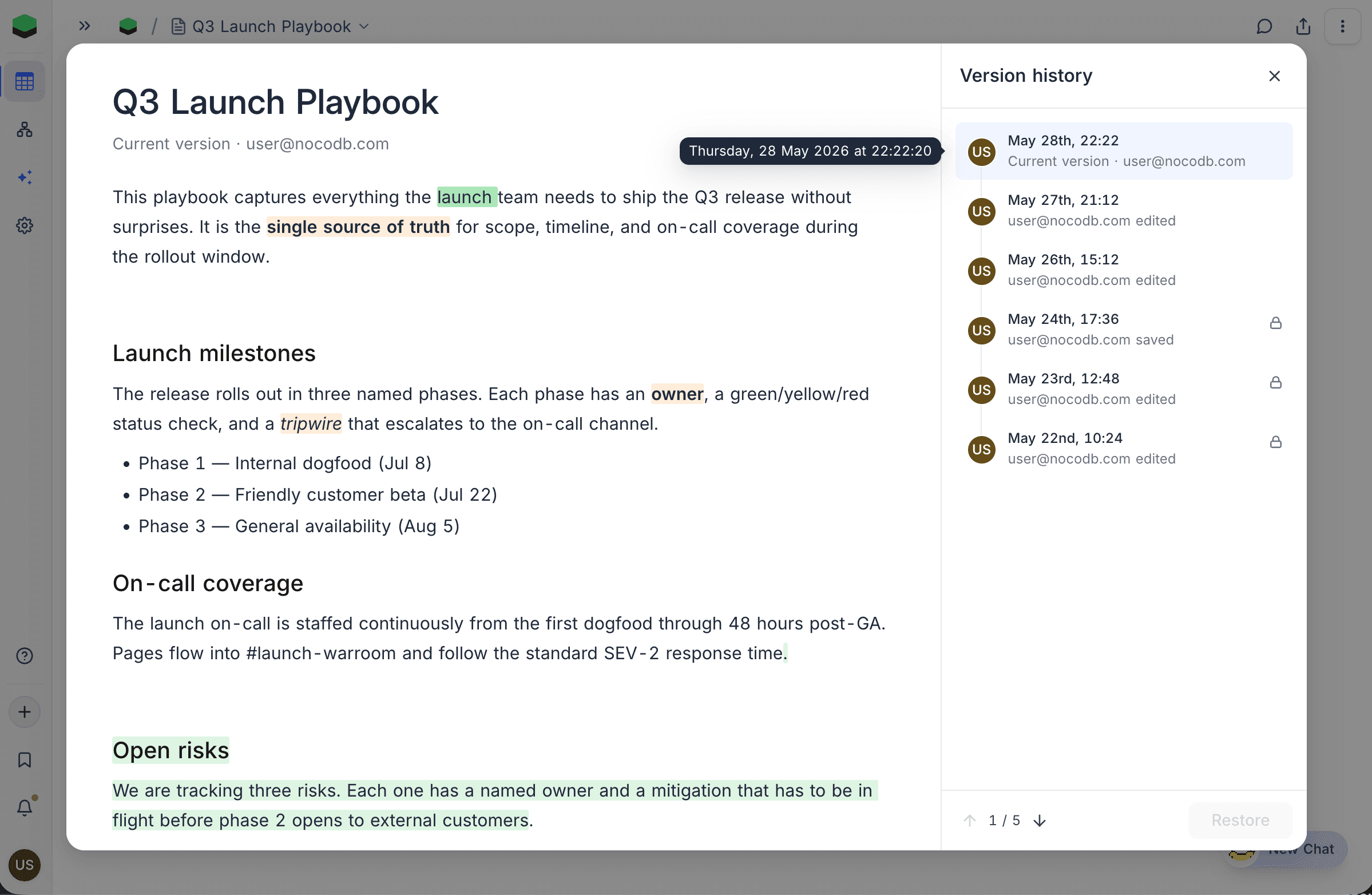Version History modal with the version list on the right and the document preview on the left