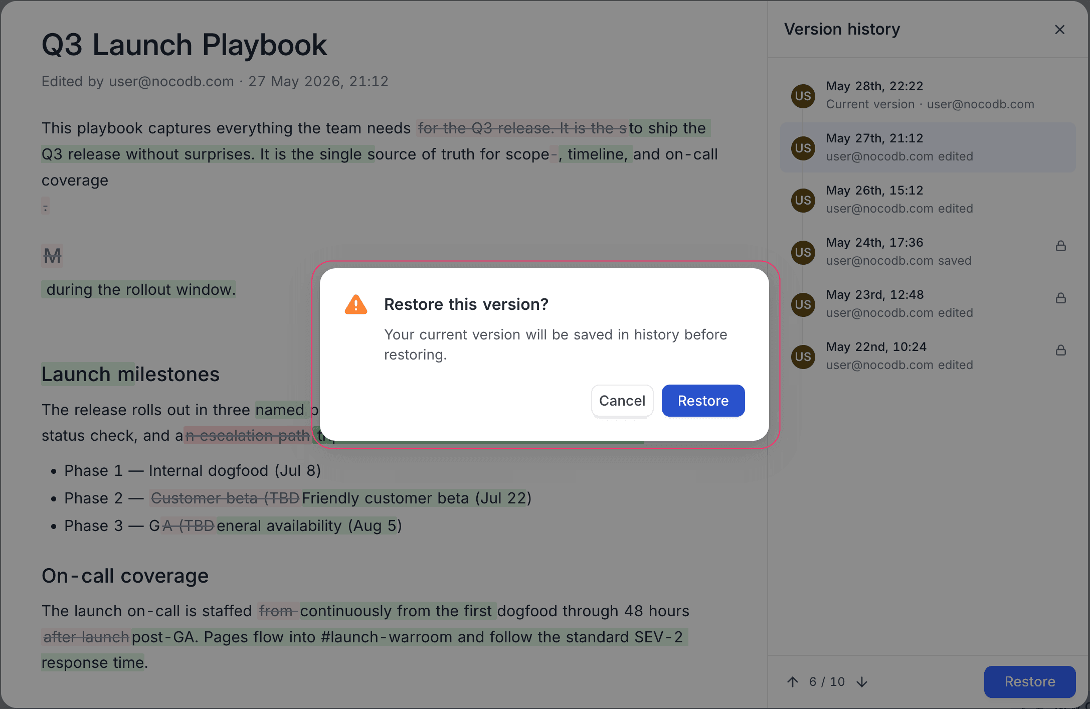 Restore this version? confirmation dialog with Cancel and Restore buttons