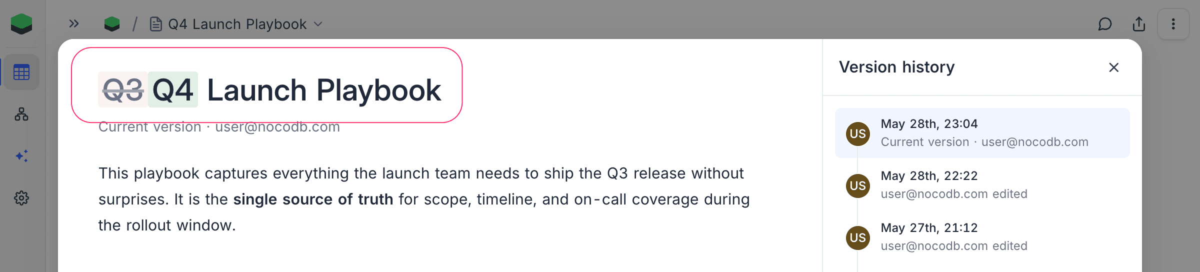Preview header with the title rename rendered inline as "Q3" struck through and "Q4" highlighted