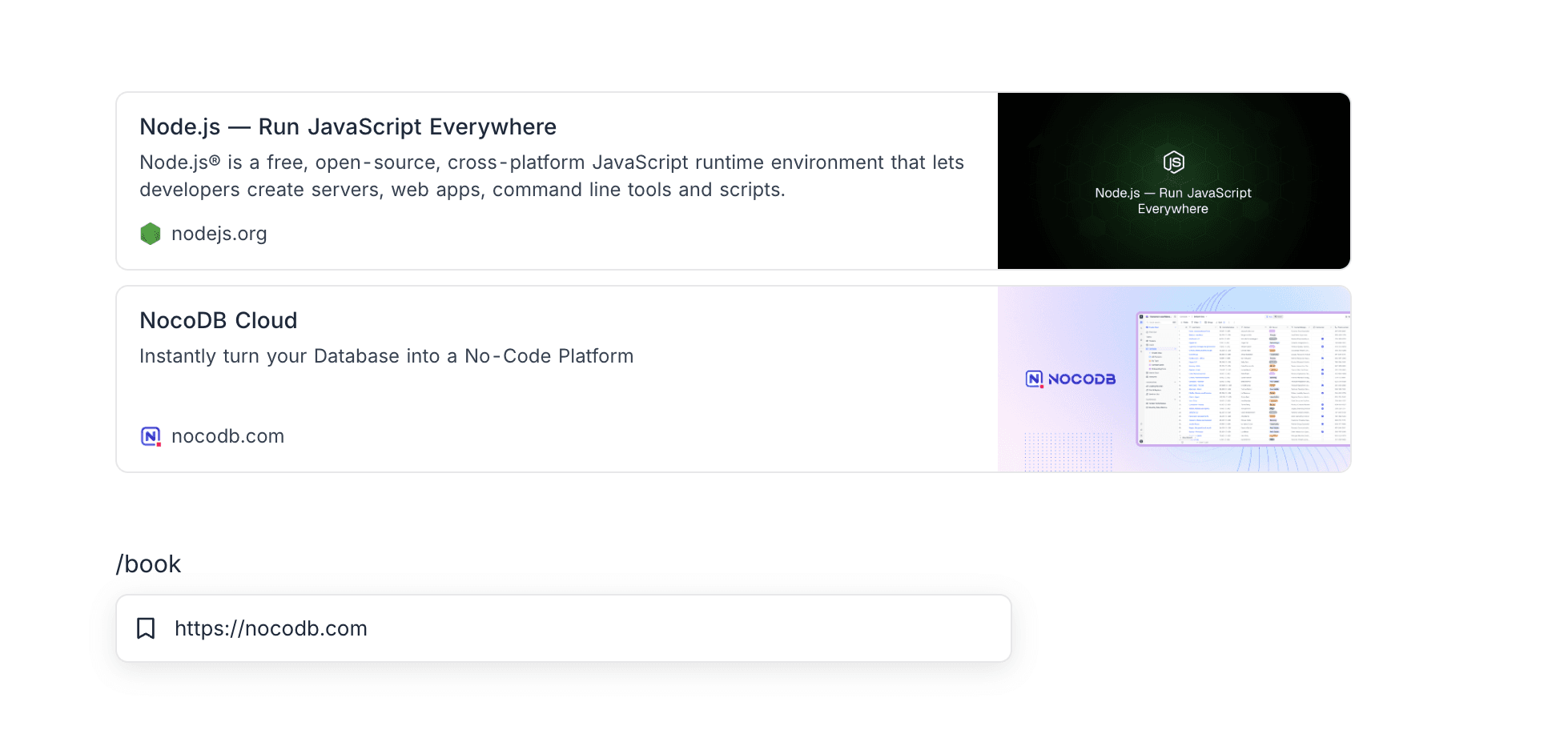 Web bookmark cards showing title, description, site icon, and preview image