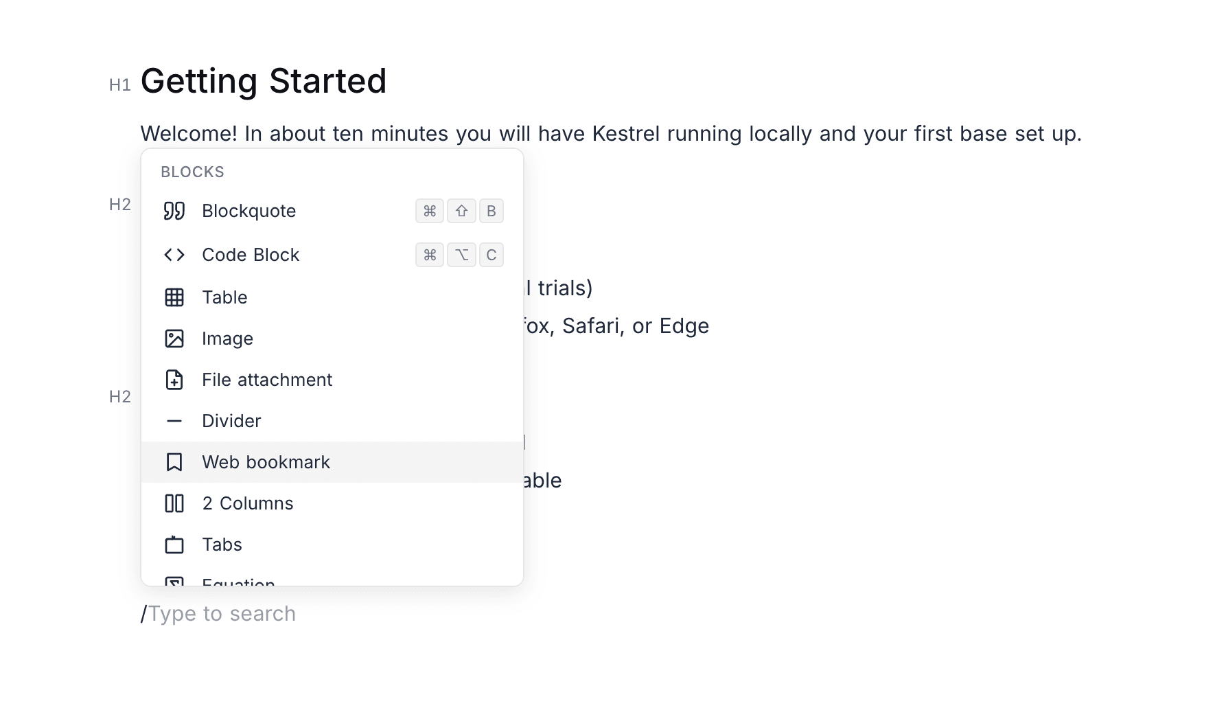Slash command menu with the Web bookmark block