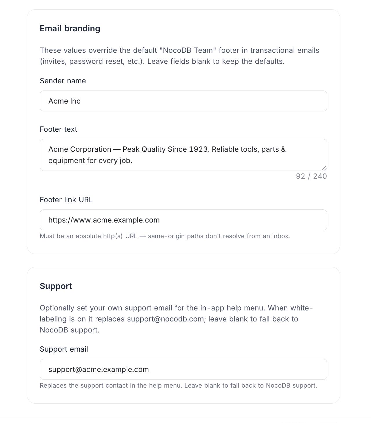 White Label email branding and support settings