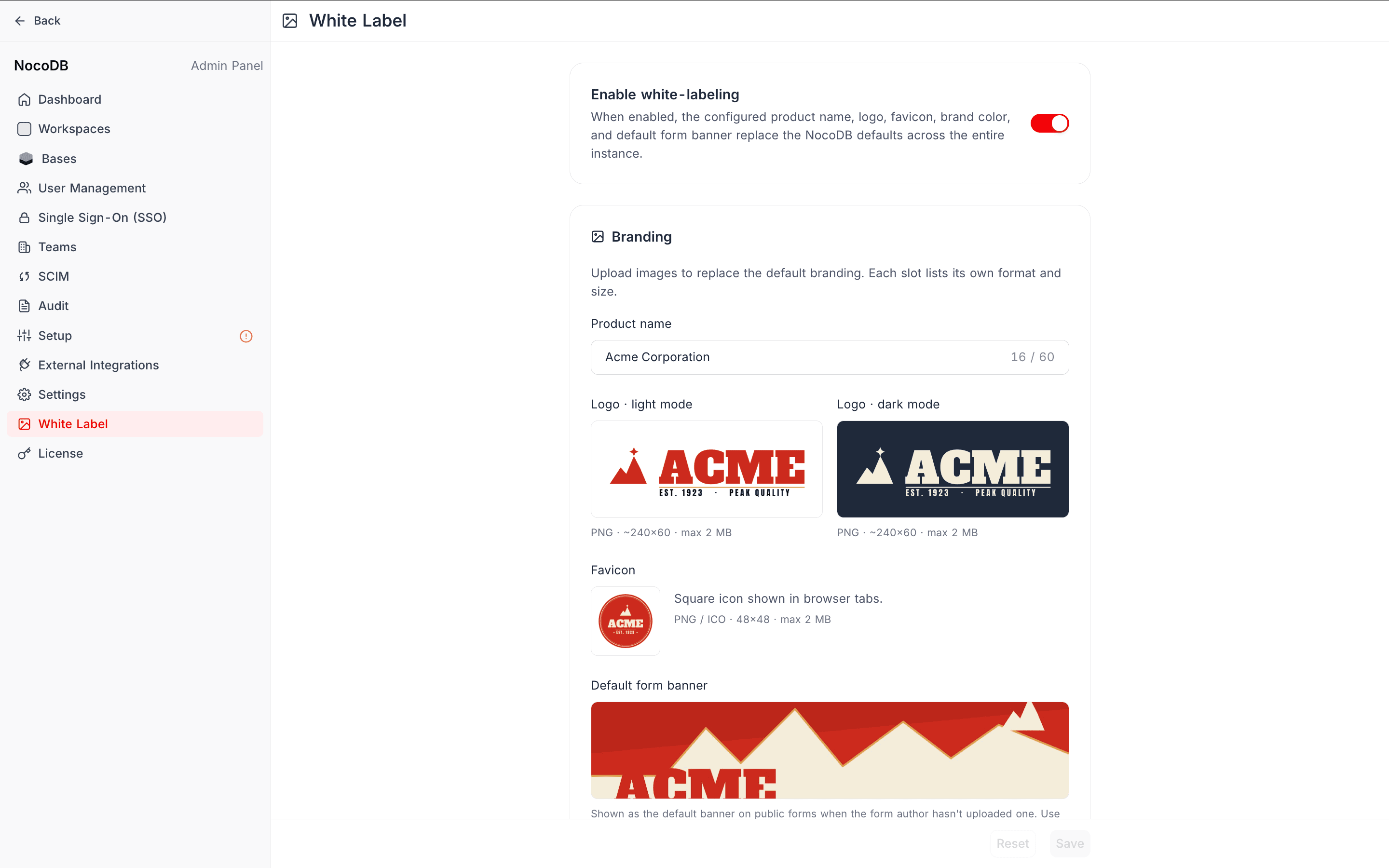 White Label admin page