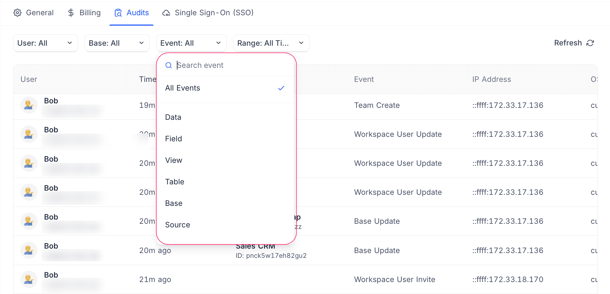Filter audit logs by event