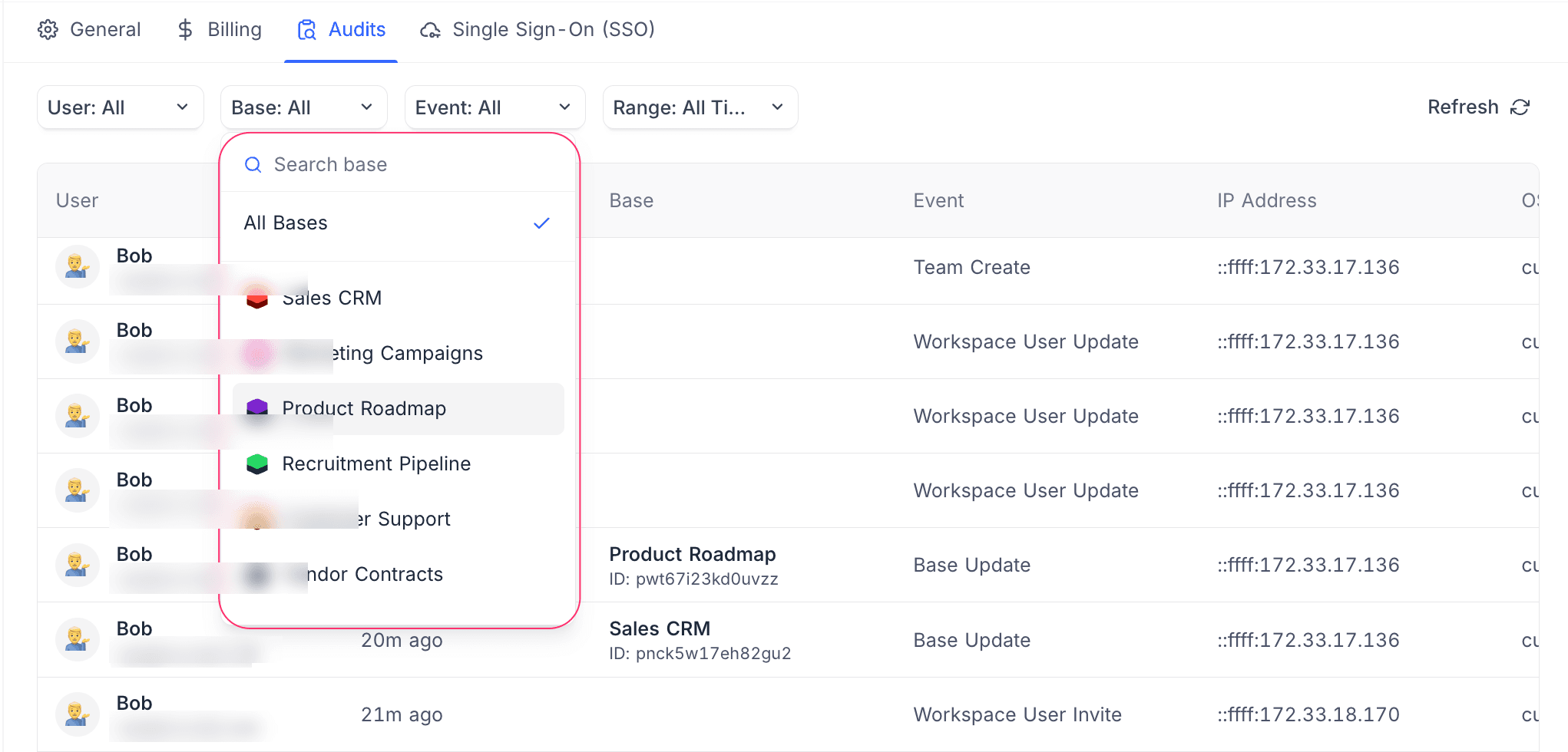 Filter audit logs by base
