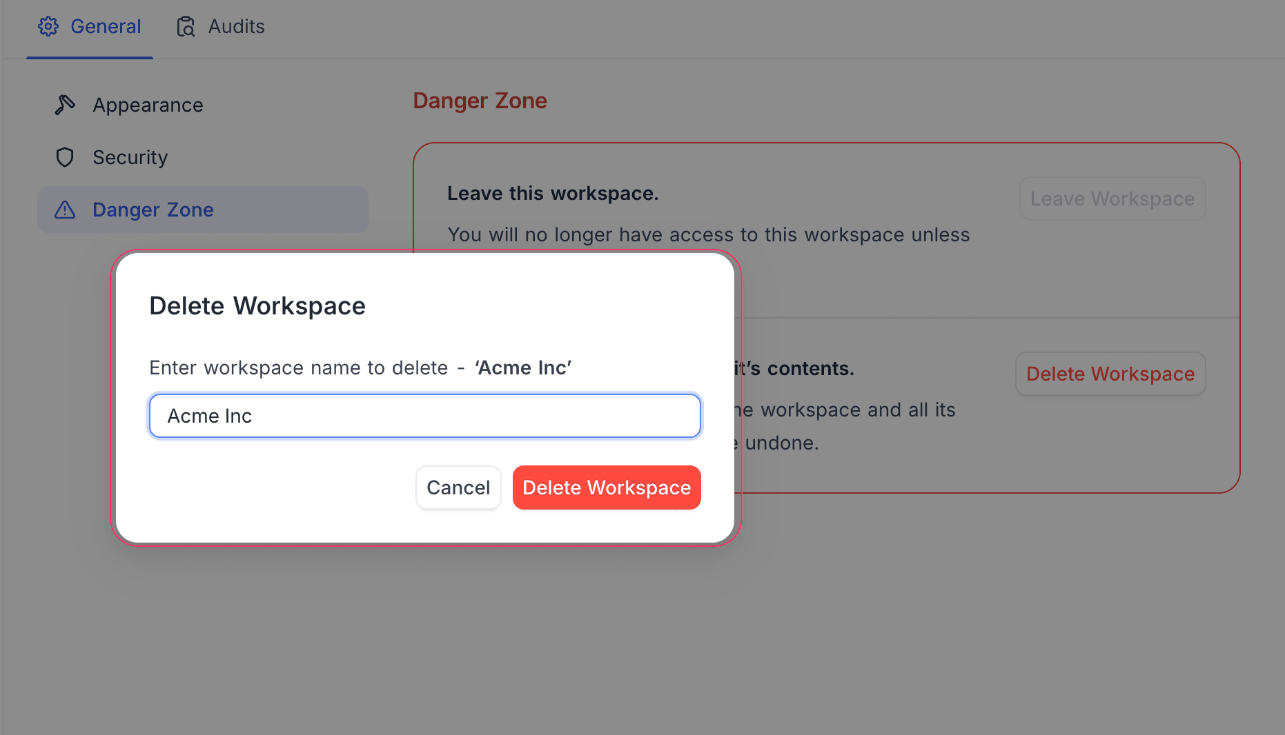 Delete workspace confirmation