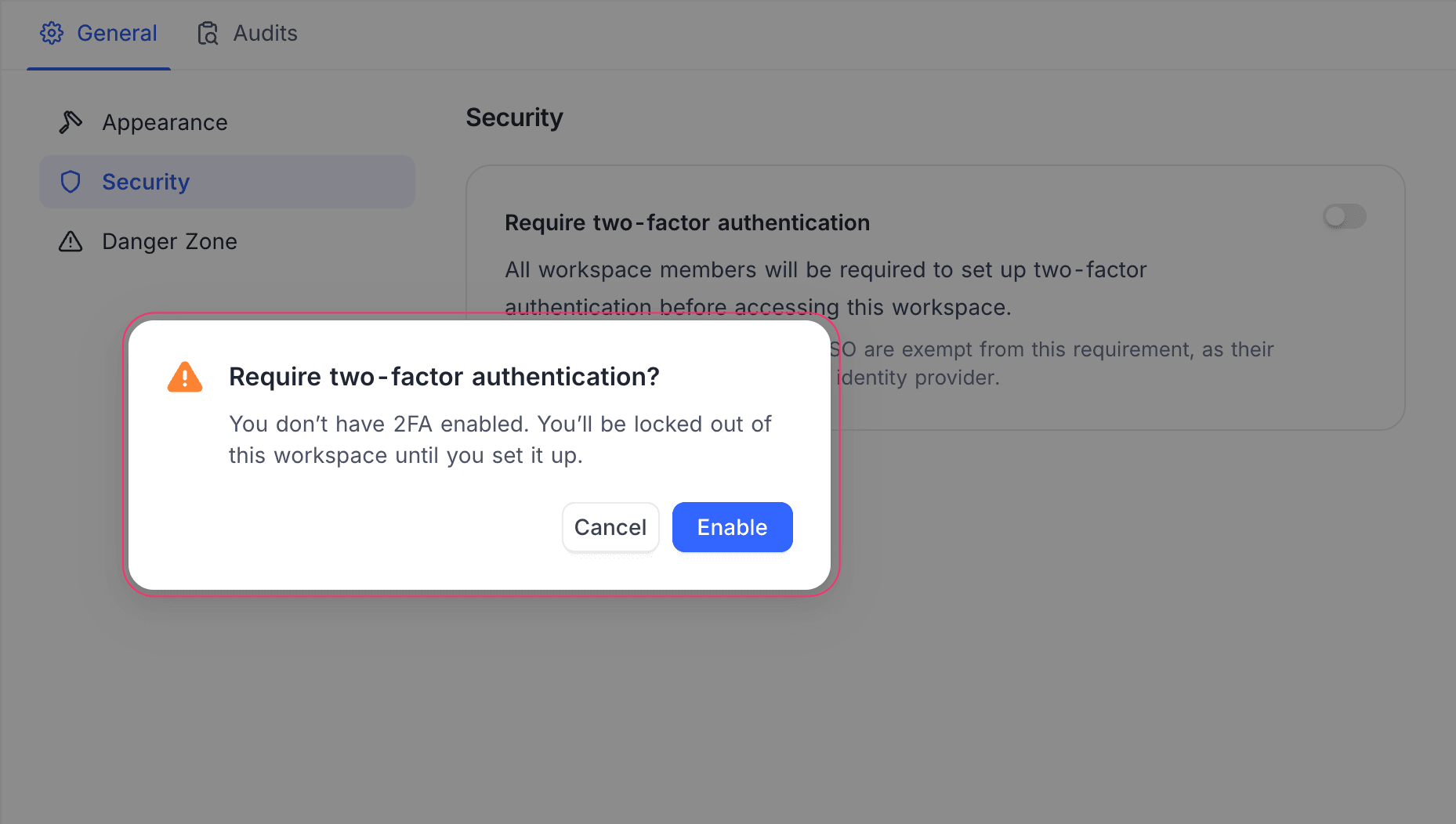 Confirm require two-factor authentication
