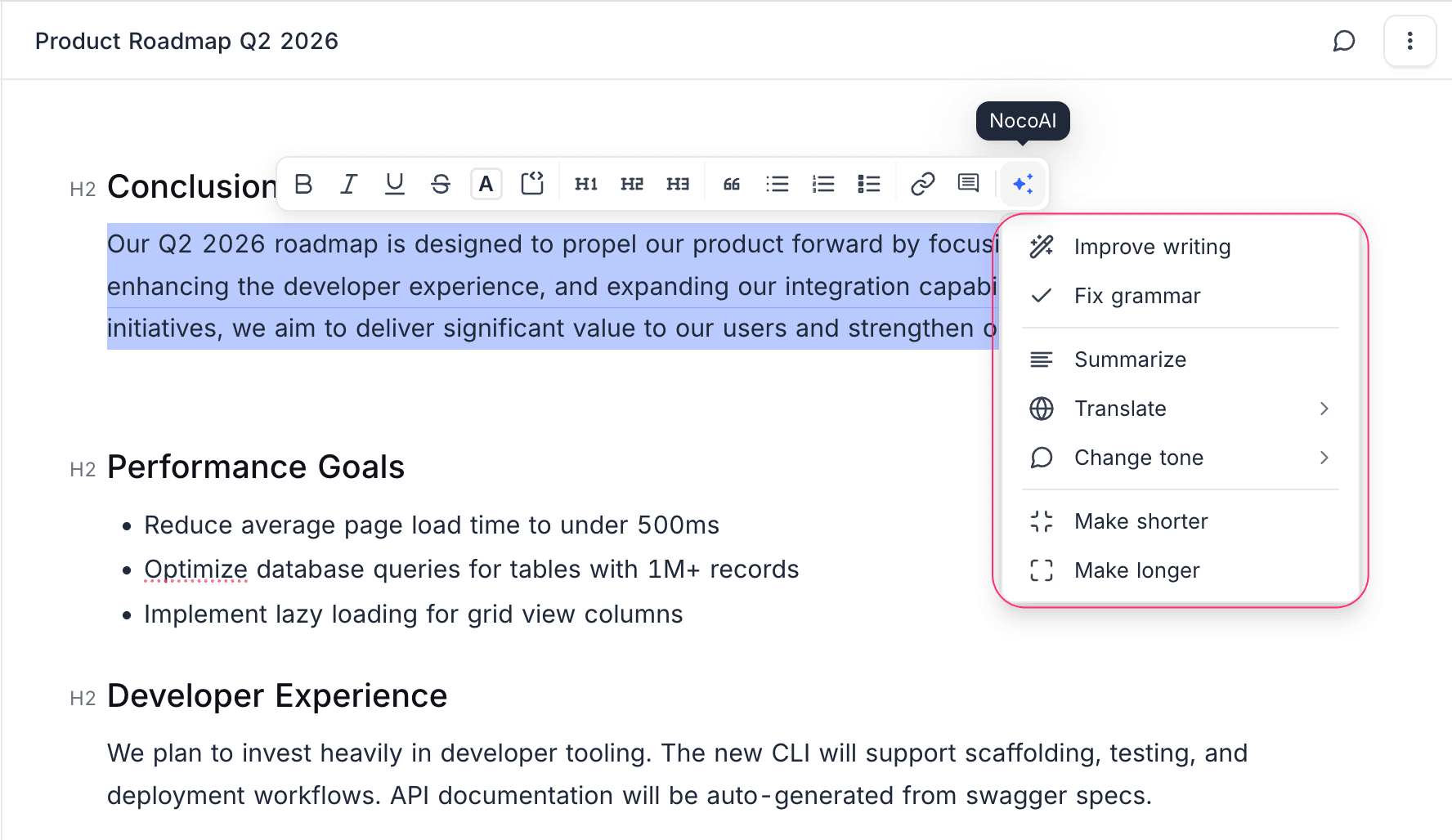 Bubble menu with NocoAI dropdown