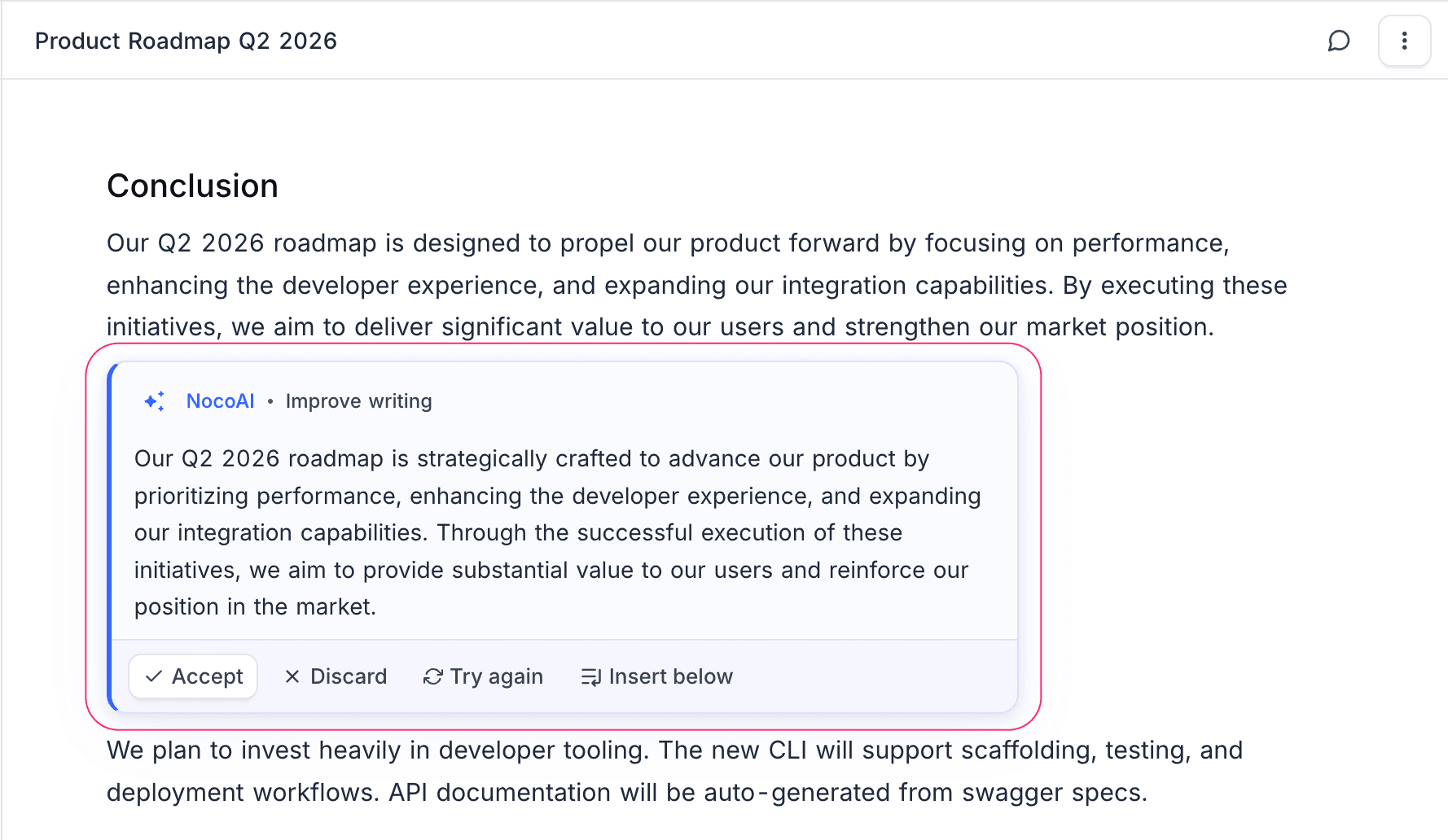 AI suggestion result with action buttons