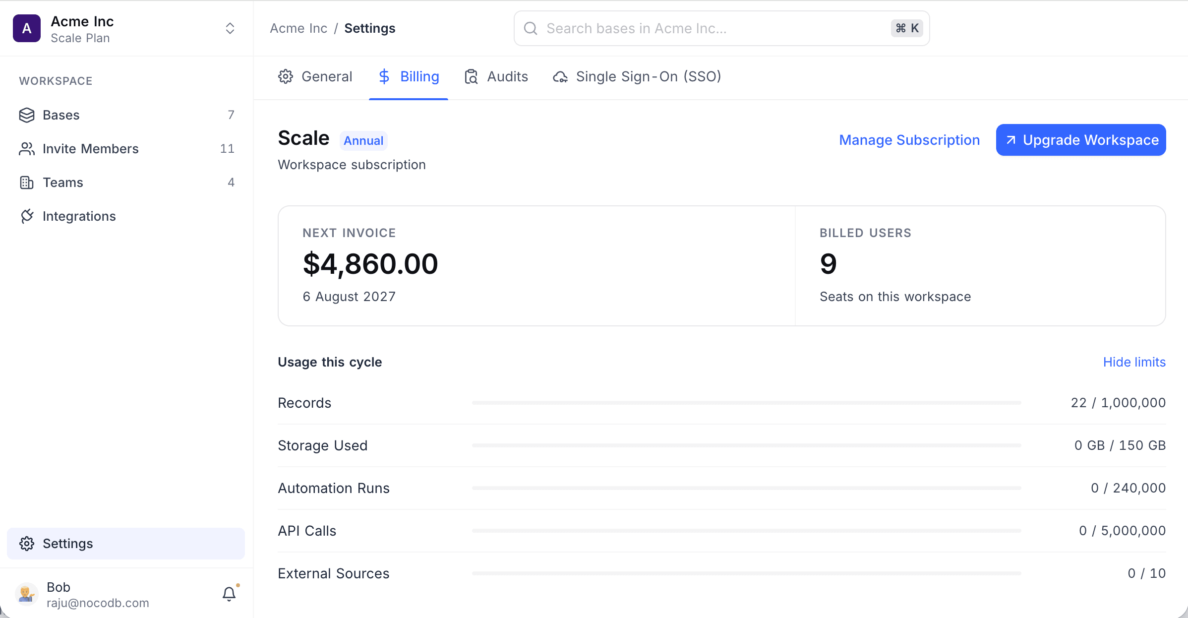 Manage Subscription and Upgrade Workspace on the billing dashboard