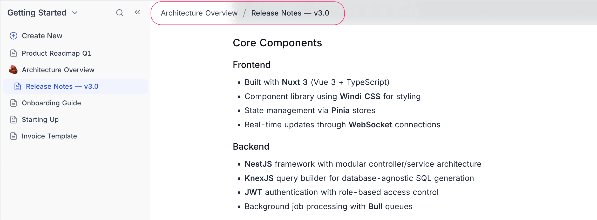 Breadcrumb navigation showing parent and child document