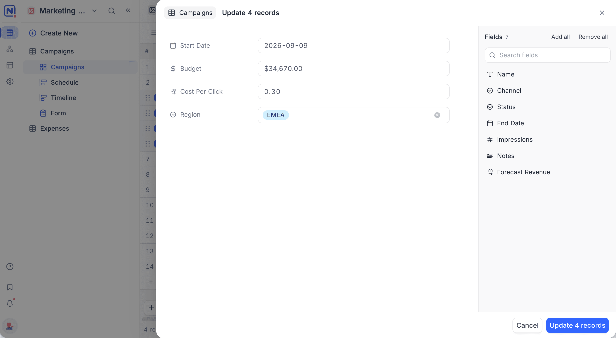 The bulk update panel, with four fields added and the field picker on the right